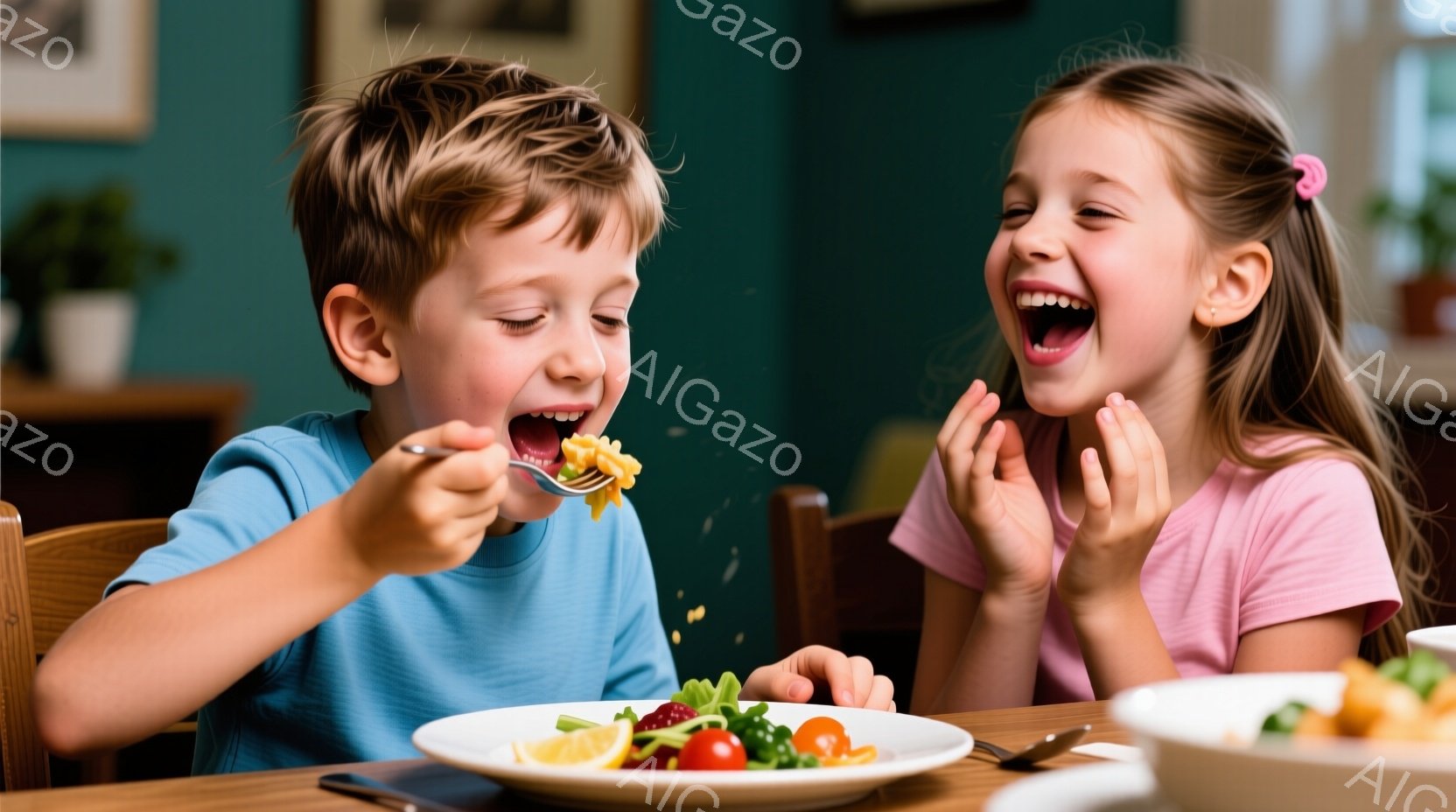 男の子は青いTシャツを着て、フォークでパスタを口に運んでいます。女の子はピンクのTシャツを着て、両手で頬を抱えながら満面の笑みを浮かべています。背景にはサラダが置かれた食卓と、柔らかな光が差し込む室内が見え、温かく幸せな雰囲気が漂っています。