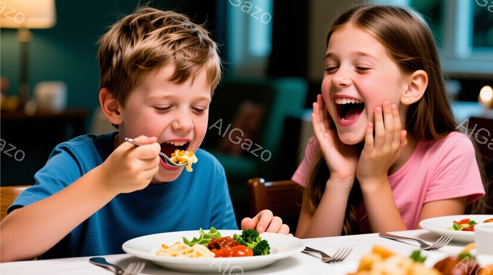 少年は青いTシャツを着ており、フォークでパスタを口に運んでいます。少女はピンクのTシャツを着て、両手で頬を抱え、大きく笑っています。背景にはテーブル、椅子、そして他の料理が写っており、明るく幸せな食事の雰囲気が漂っています。