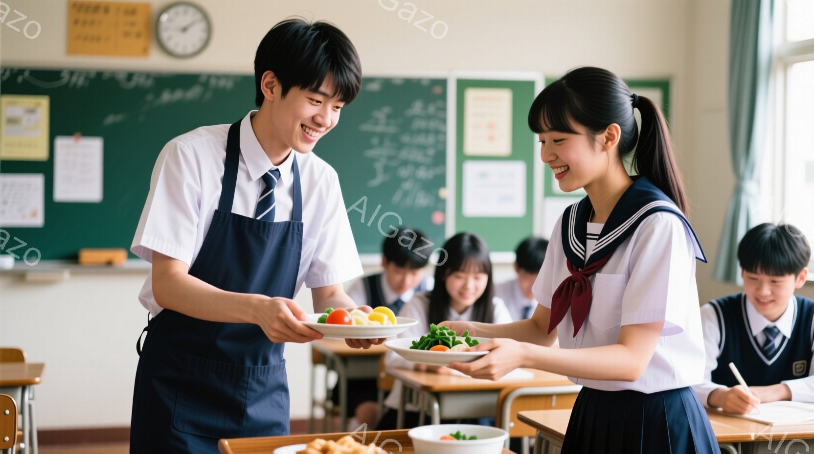 制服を着た男子生徒がエプロンをつけ、手にプレートを持って女子生徒に何かを渡そうとしています。女子生徒も制服を着ており、笑顔でプレートを受け取ろうとしています。教室の中には他の生徒もおり、机に座って授業を受けている様子がうかがえます。