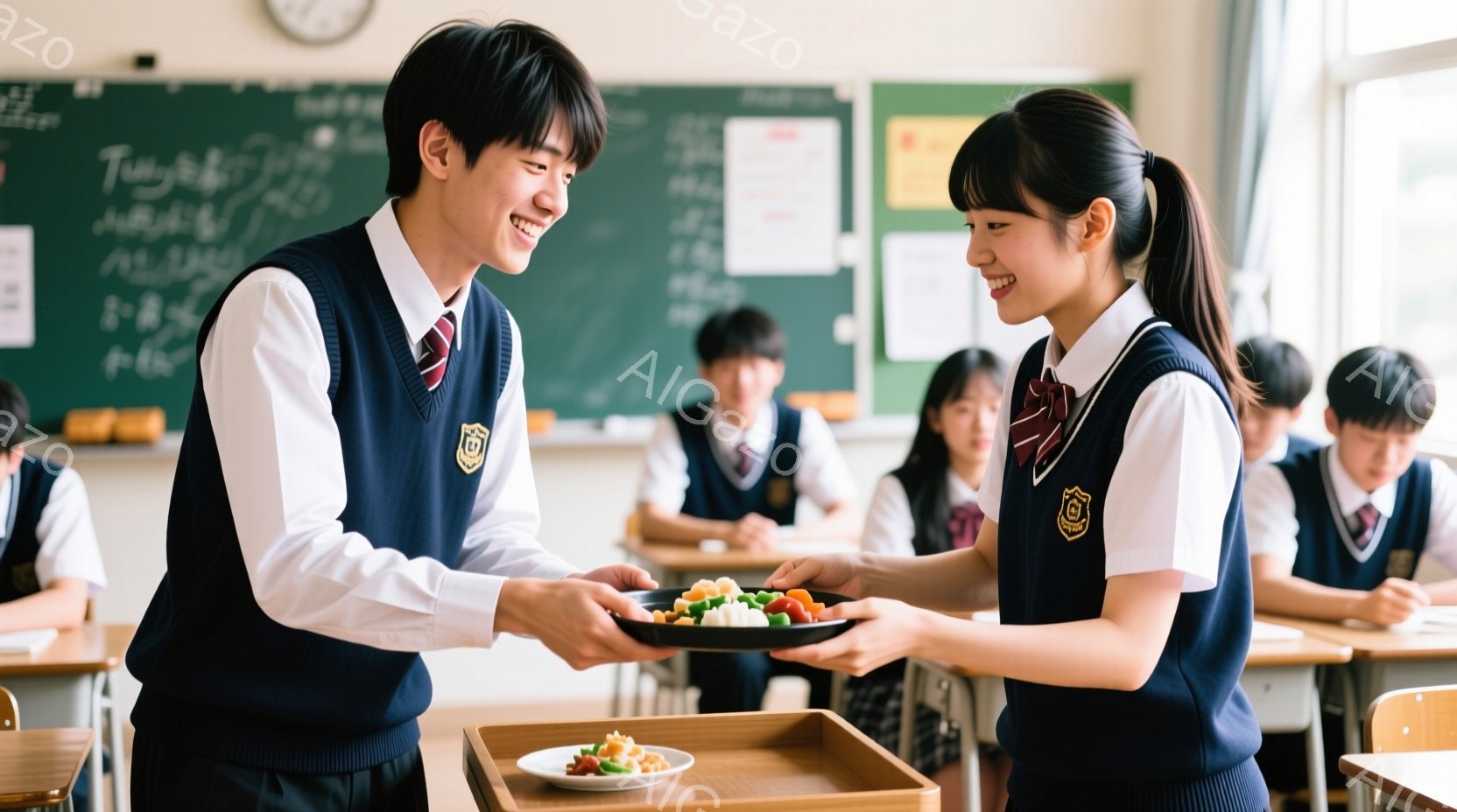 制服を着た男子生徒と女子生徒が教室で食事を交換している場面だ。男子生徒は紺色のベストに白いシャツ、赤いネクタイを着用し、笑顔で女子生徒からお皿を受け取ろうとしている。女子生徒は同じ制服を着ており、お皿を差し出しながら微笑んでいる。教室には他の生徒もおり、背景には黒板が見える。