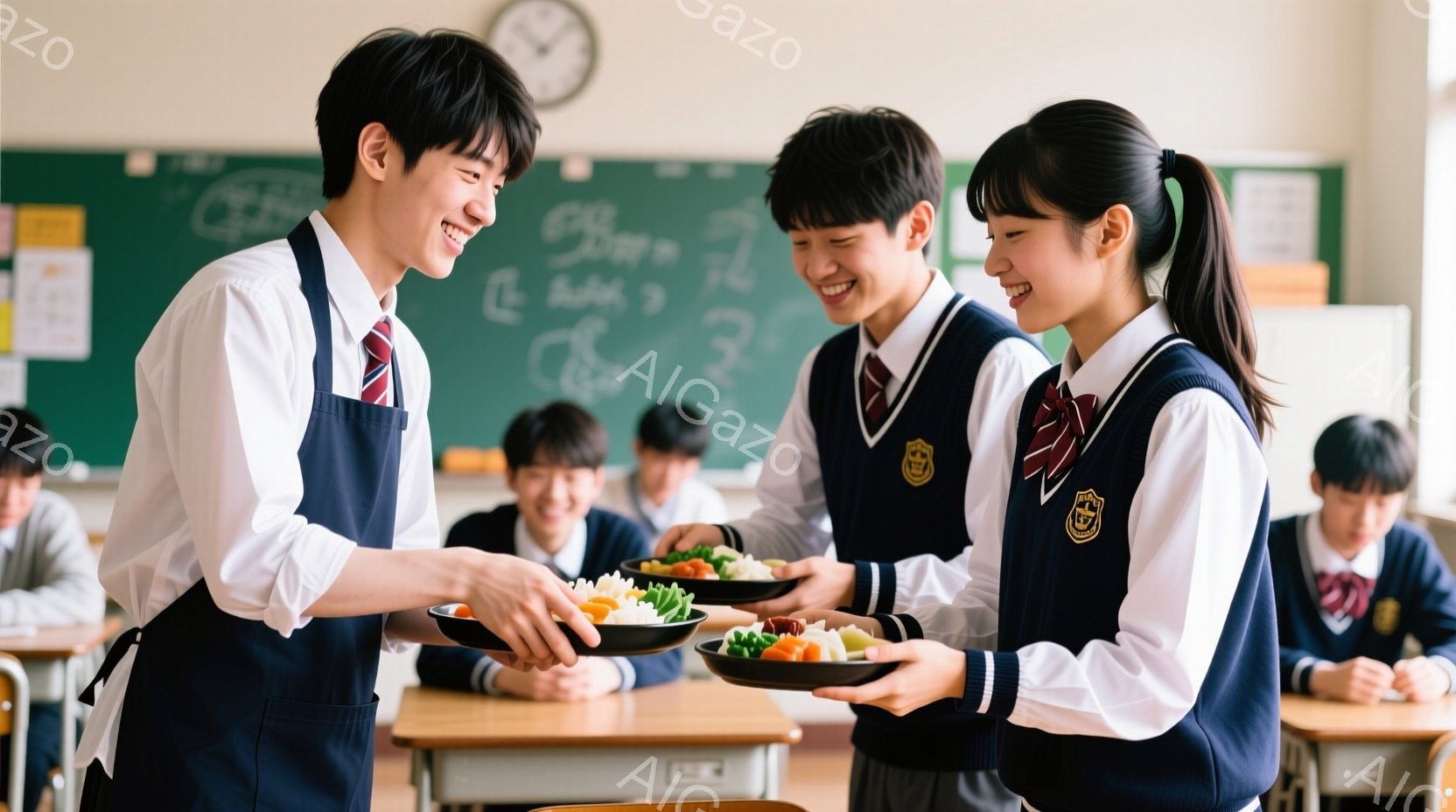 制服を着た男子生徒が、盛り付けられた皿を女子生徒に渡そうとしています。二人は笑顔で目を合わせ、楽しそうな雰囲気です。教室の奥には他の生徒たちが座っており、黒板には文字が書かれています。