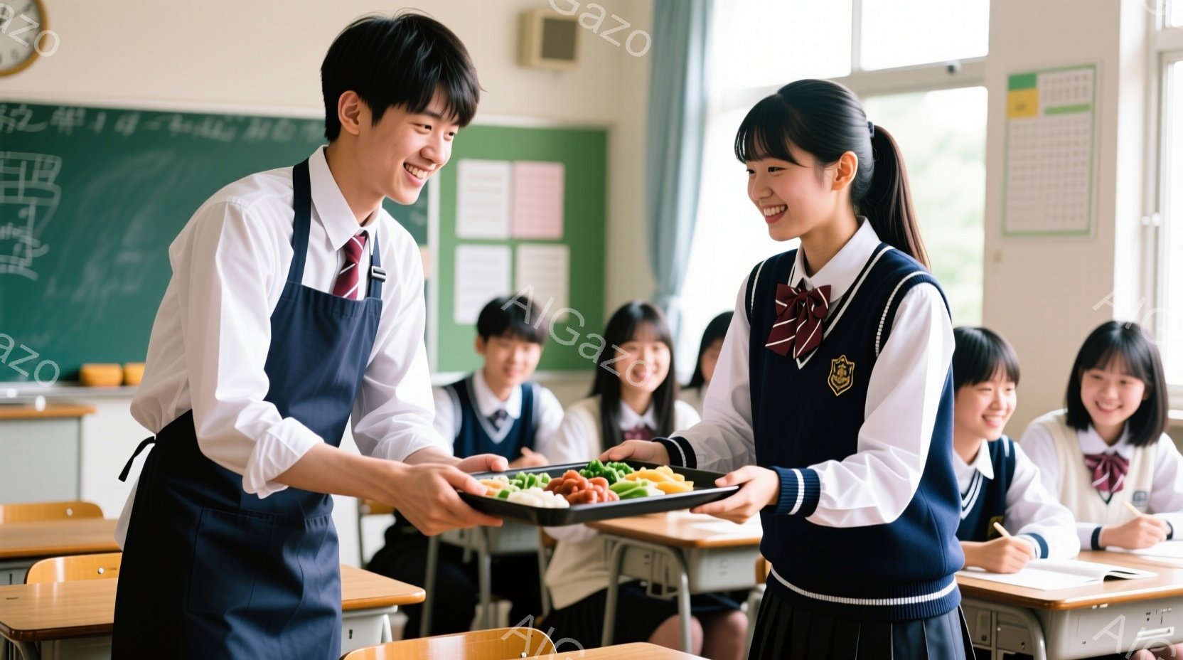 制服を着た男子生徒がエプロンを着用し、お皿いっぱいの料理を女子生徒に渡そうとしています。両者とも笑顔で、教室の他の生徒たちも楽しそうに見守っています。教室には木製の机と椅子が並び、明るい雰囲気で、生徒たちが料理を分け合う温かい場面が描かれています。