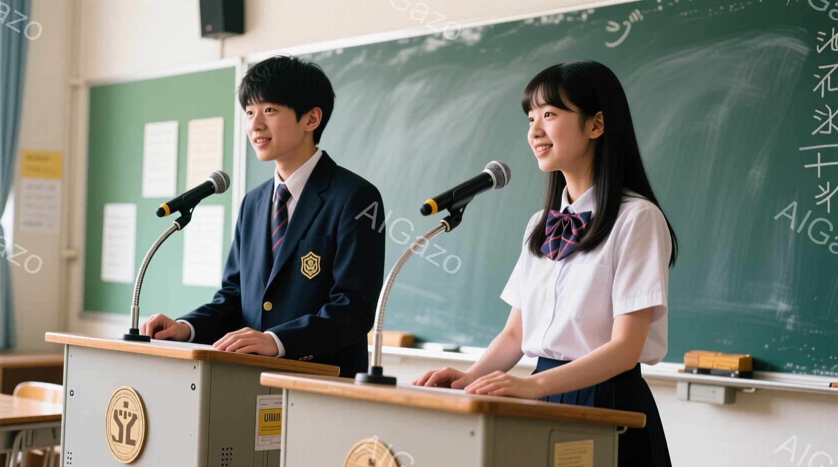 制服を着た少年と少女が演壇の前で立っている。少年は紺色のブレザーに金色のエンブレム、赤いネクタイを着用し、落ち着いた表情で演説しているようだ。少女は白いブラウスに水色のリボン、紺色のスカートを着用し、笑顔で何かを語っている。