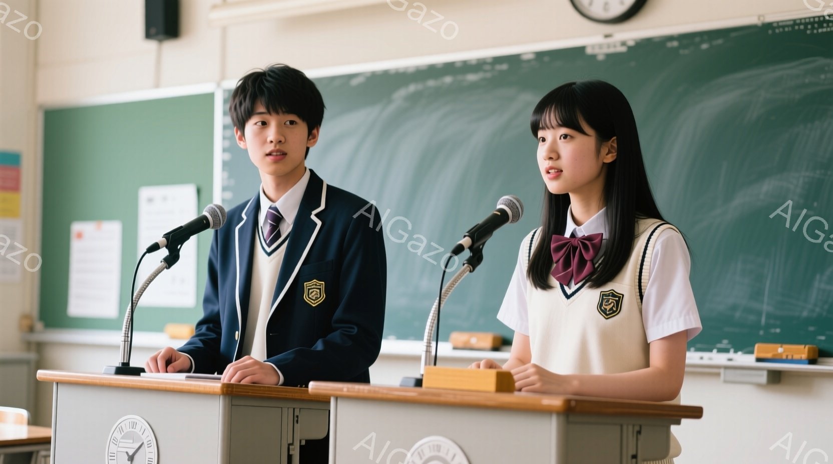 制服を着た男子生徒と女子生徒が演壇の前で立っており、それぞれマイクに向かって話しているようだ。男子生徒は濃い青色のブレザーにネクタイ、女子生徒は白いシャツにベスト、リボンをつけており、どちらも真剣な表情をしている。背景には黒板があり、教室らしき空間であることがわかる。
