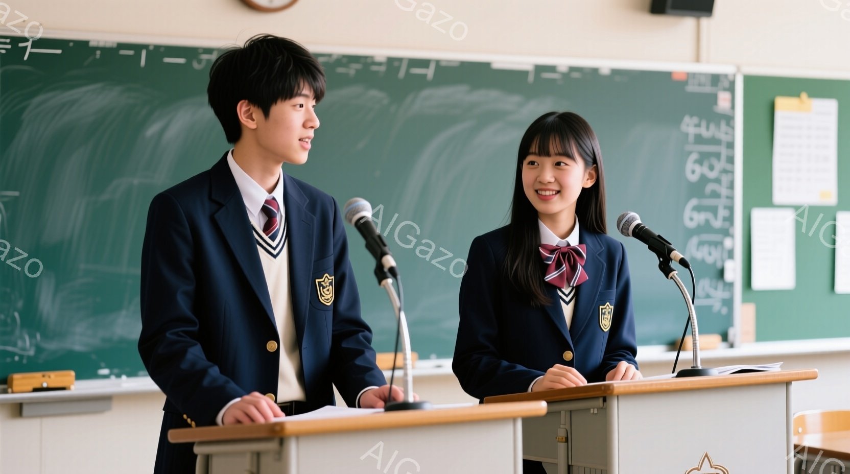 制服を着た男女の学生が演壇の前で立っています。少年は黒髪で、真剣な表情で何かを話しているようであり、少女は黒髪のロングヘアで微笑んでおり、明るい印象を与えます。背景には黒板があり、教室のような場所で、全体的に活気があり、公式なスピーチや発表会のような雰囲気が漂っています。