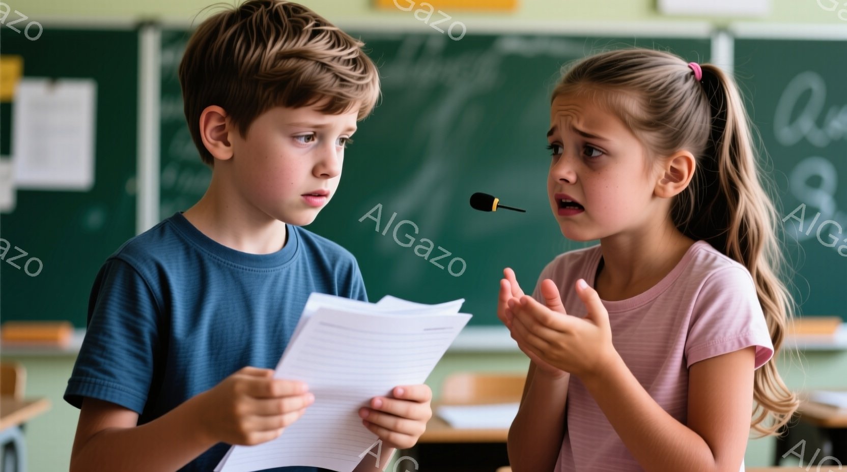 少年は青いTシャツを着て、手に書類を握りしめています。少女はピンクのTシャツを着て、少し驚いた表情で両手を広げています。教室の黒板が背景に見え、活気のある学習の様子が伺えます。 - AI生成フリー素材