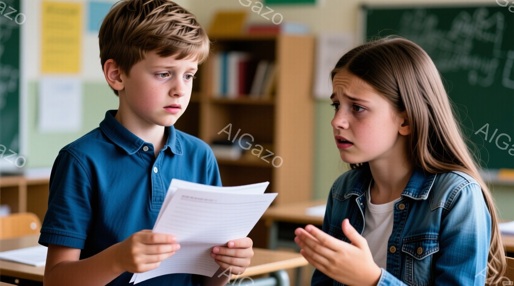 少年は青いポロシャツを着て、何か書類を見つめています。少女はデニムジャケットを着て、手を広げて何かを説明しているようです。教室の背景には、机や棚があり、少し混乱した雰囲気ですが、二人は真剣な表情で向き - AI生成フリー素材