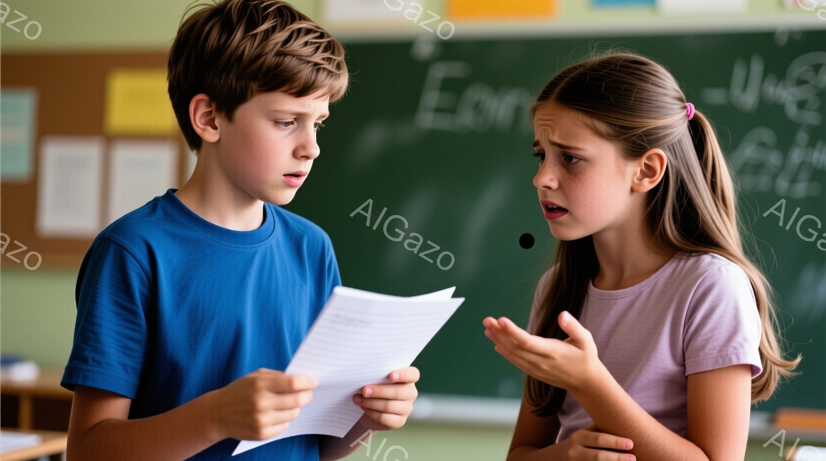 男の子は青いTシャツを着ており、何か書かれた紙を手に持っています。眉間にしわを寄せ、困惑した表情をしています。女の子はピンクのTシャツを着て、片手を広げて何かを説明している様子で、少し驚いた表情をしています。