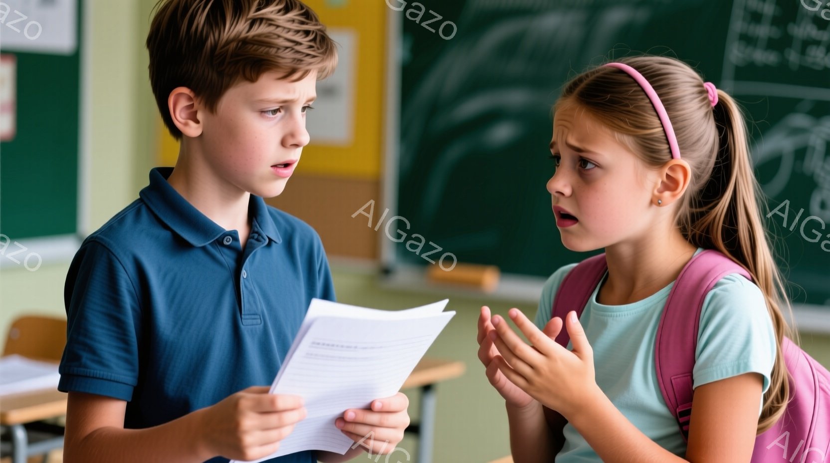 茶髪の少年が紙を見つめ、眉をひそめて困惑した表情をしています。ピンクのヘアバンドをつけた少女は、驚いたように口を開け、片手を挙げて何かを説明しようとしています。背景には、教室の黒板と机が見え、子供たちの表情から、何か問題を抱えているか、議論している様子が伺えます。