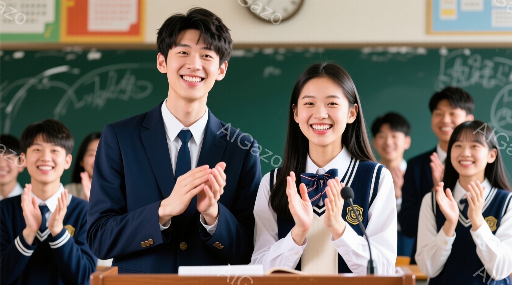 制服を着た生徒たちが皆、笑顔で拍手をしています。男子生徒は紺色のブレザーとネクタイ、女子生徒は紺色のブレザーとリボン、白のブラウス、チェックのスカートを着用しており、髪型は短髪またはポニーテールです。 - AI生成フリー素材