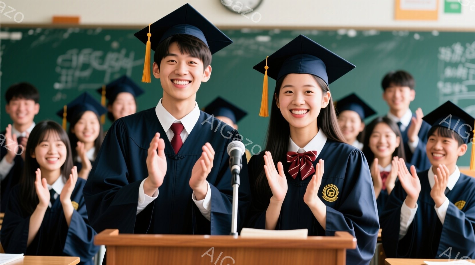 学士帽をかぶった学生たちが、講堂のような場所で拍手しています。中央には、黒いガウンと赤いネクタイを着用した若い男女が笑顔で立っており、男性は少し照れたような表情をしています。背景には他の学生たちが写っており、明るくお祝いムードに満ちた、卒業式のような雰囲気です。