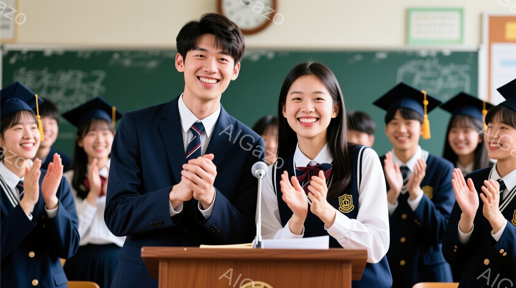 制服姿の若い男女が壇上で拍手をしており、笑顔で満ちている。背景には卒業帽子をかぶったクラスメイトが並び、彼らもまた拍手を送っている。教室の壁には時計や掲示があり、全体的に明るくお祝いの雰囲気が漂ってい - AI生成フリー素材