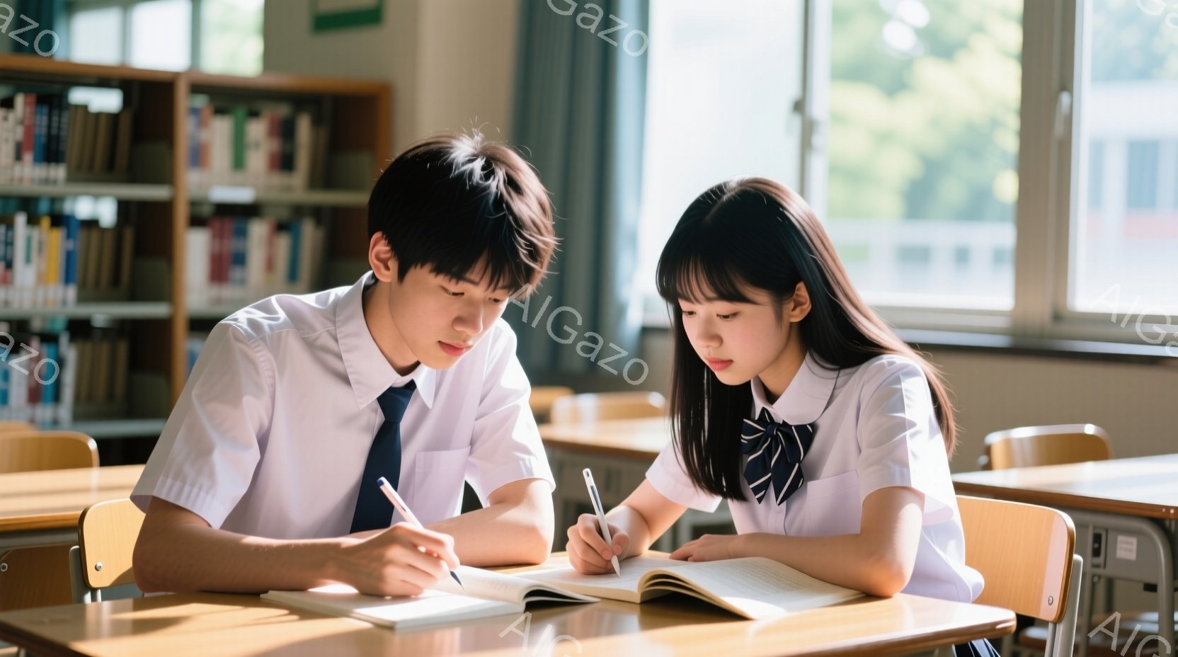 制服を着た男女の学生が、開いた本を前にして机に向かい合って座っています。少年は濃い青色のネクタイを締め、黒髪を短く整え、真剣な表情でペンを握っています。少女はリボン付きのネクタイで、長い黒髪を肩にかけ - AI生成フリー素材