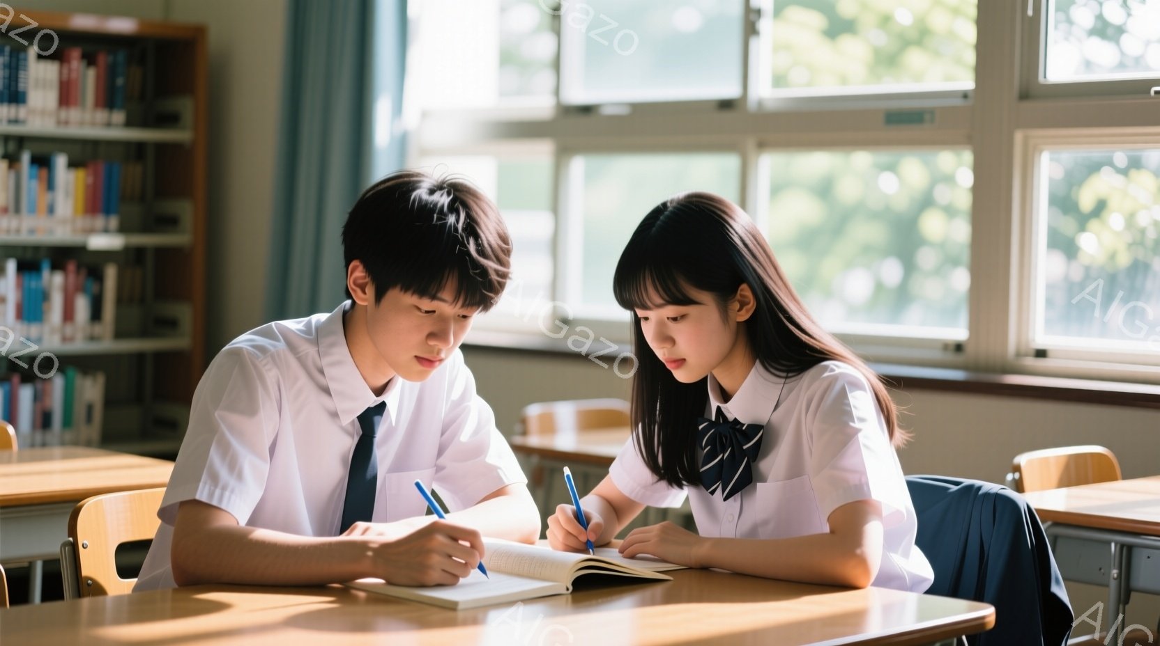 制服を着た少年と少女が教室で机に向かい、ノートに何か書き込んでいる様子が描かれています。少年は黒髪で、集中してペンを走らせています。少女は、黒髪のショートヘアで、少し下を向いてノートに書き込んでおり、 - AI生成フリー素材