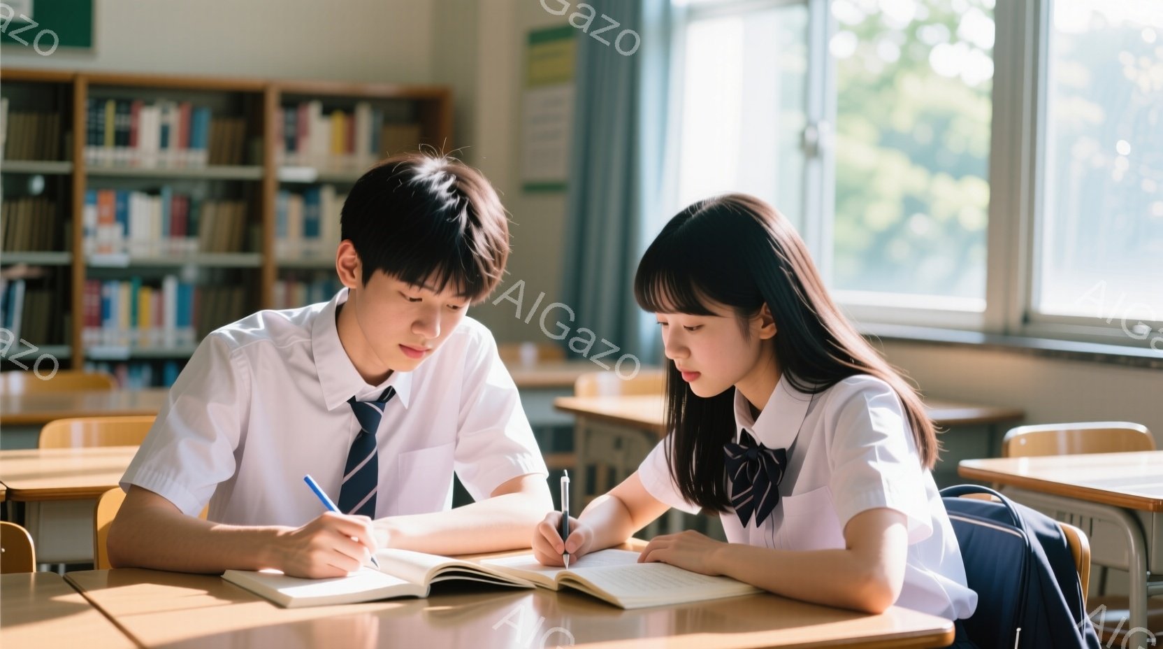 制服を着た男子生徒と女子生徒が、開いた教科書に向かい、それぞれペンで書き込みをしている。男子生徒はダークブラウンの髪を短く整え、真剣な表情で教科書を見つめている。背景には本棚が並び、窓から自然光が差し - AI生成フリー素材
