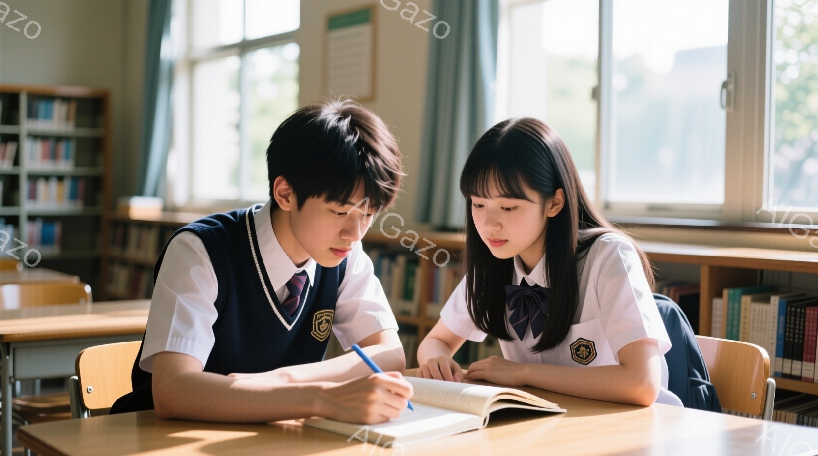 制服を着た男子生徒と女子生徒が教室で机に向かい、本を読みながら何かを書き込んでいる様子が描かれています。男子生徒は黒髪で、真剣な表情でペンを走らせています。女子生徒は前髪を降ろした髪型で、少し眉間にしわを寄せながら本を見つめており、背景には本棚が並び、窓から自然光が差し込む静かな教室の様子が伺えます。