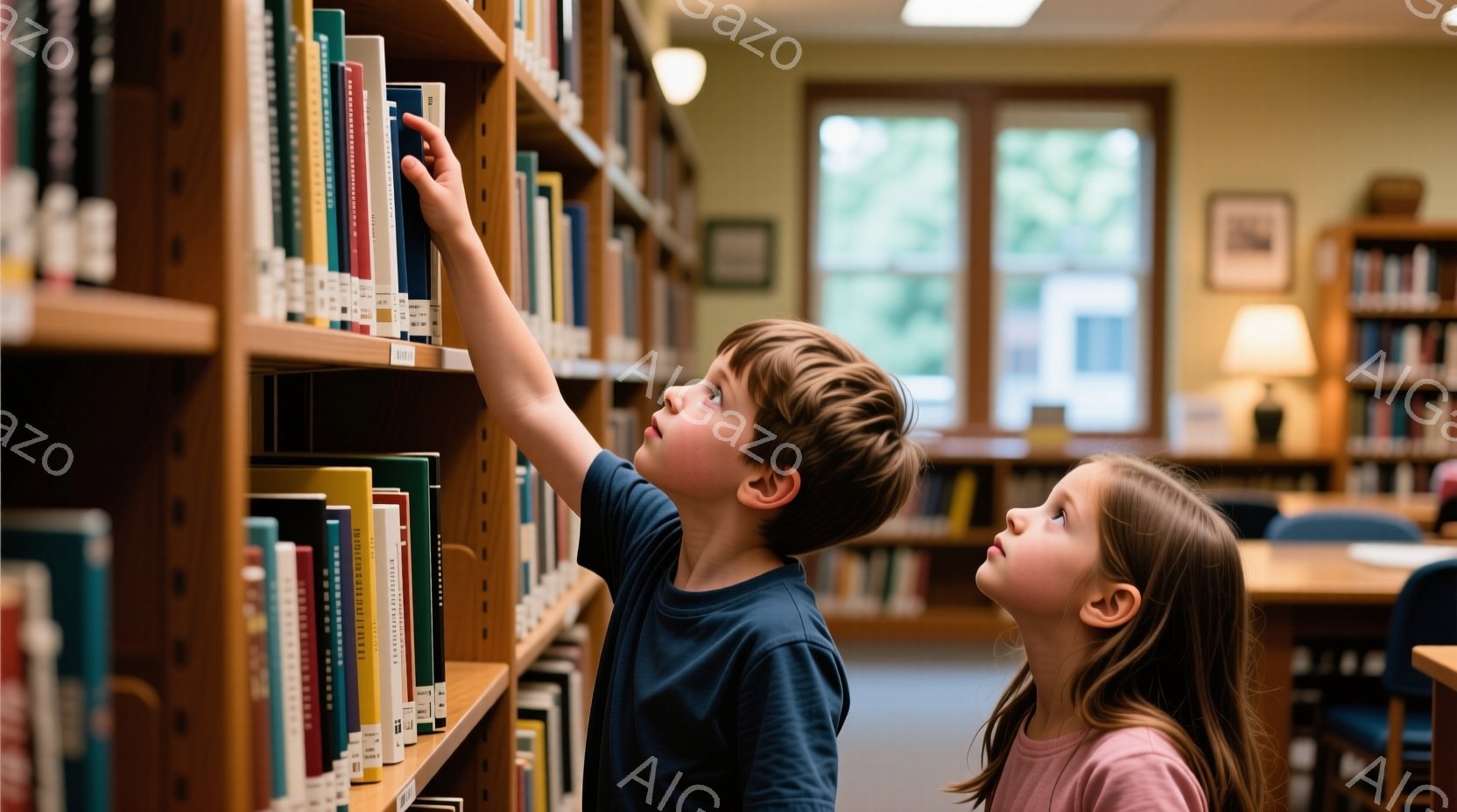 図書館の本棚の前で、少年と少女が本を探している様子が写っている。少年は濃い青色のシャツを着ており、髪は短く、上の棚にある本に手を伸ばしている。少女はピンク色のセーターを着て、髪を後ろで束ねており、少年と同じように本棚を見上げている。