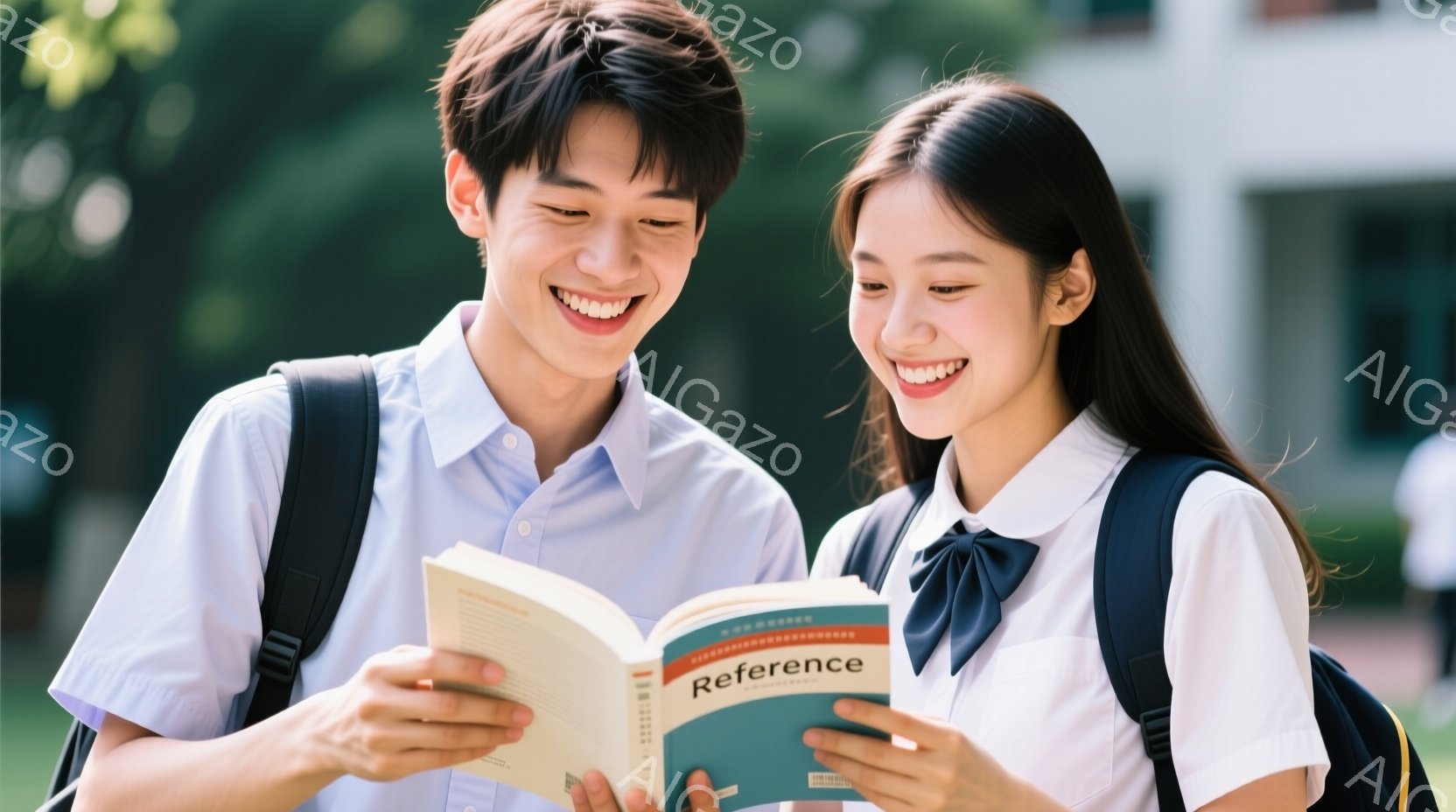 制服を着た若い男女が、開いた参考書を一緒に見て笑顔を浮かべている。男性は黒髪で、女性はロングヘアにリボンをつけている。背景には緑豊かな木々が見え、晴れた日の穏やかな雰囲気が漂っている。 - AI生成フリー素材