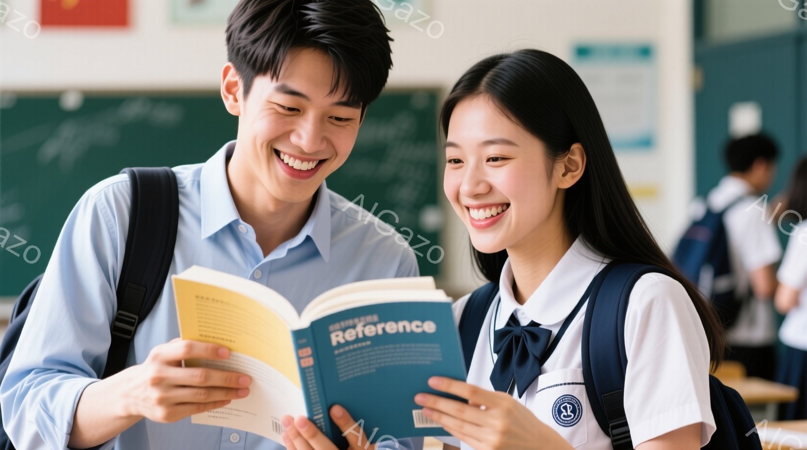 若い男女が、開いた本を二人で見て笑顔を浮かべている。男性は水色のシャツを着ており、女性は白いシャツに濃い青色のネクタイをつけている。背景には他の生徒たちがぼんやりと見え、教室の黒板が確認できる、明るく - AI生成フリー素材