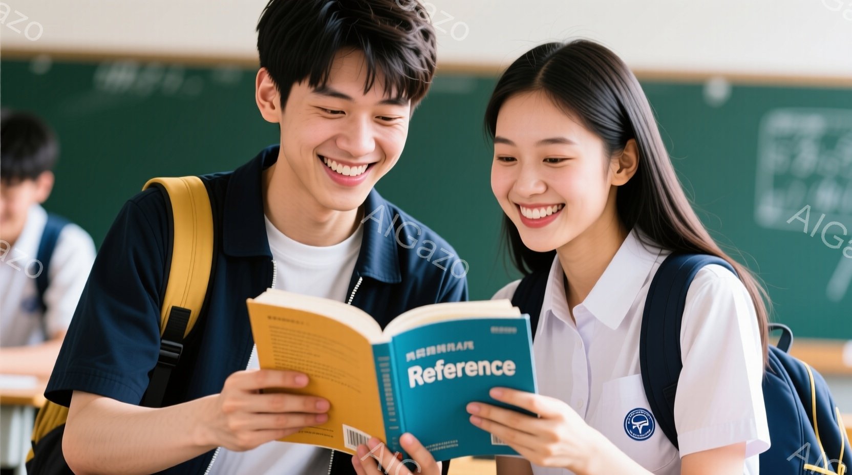 浴衣を着た少年少女が、屋台で野菜を切っています。少年は青色の浴衣に「奉納」と書かれた襷をかけており、楽しそうな笑顔を浮かべています。背景には他の人々や屋台がぼやけ、お祭りの賑やかな雰囲気が伝わってきます。