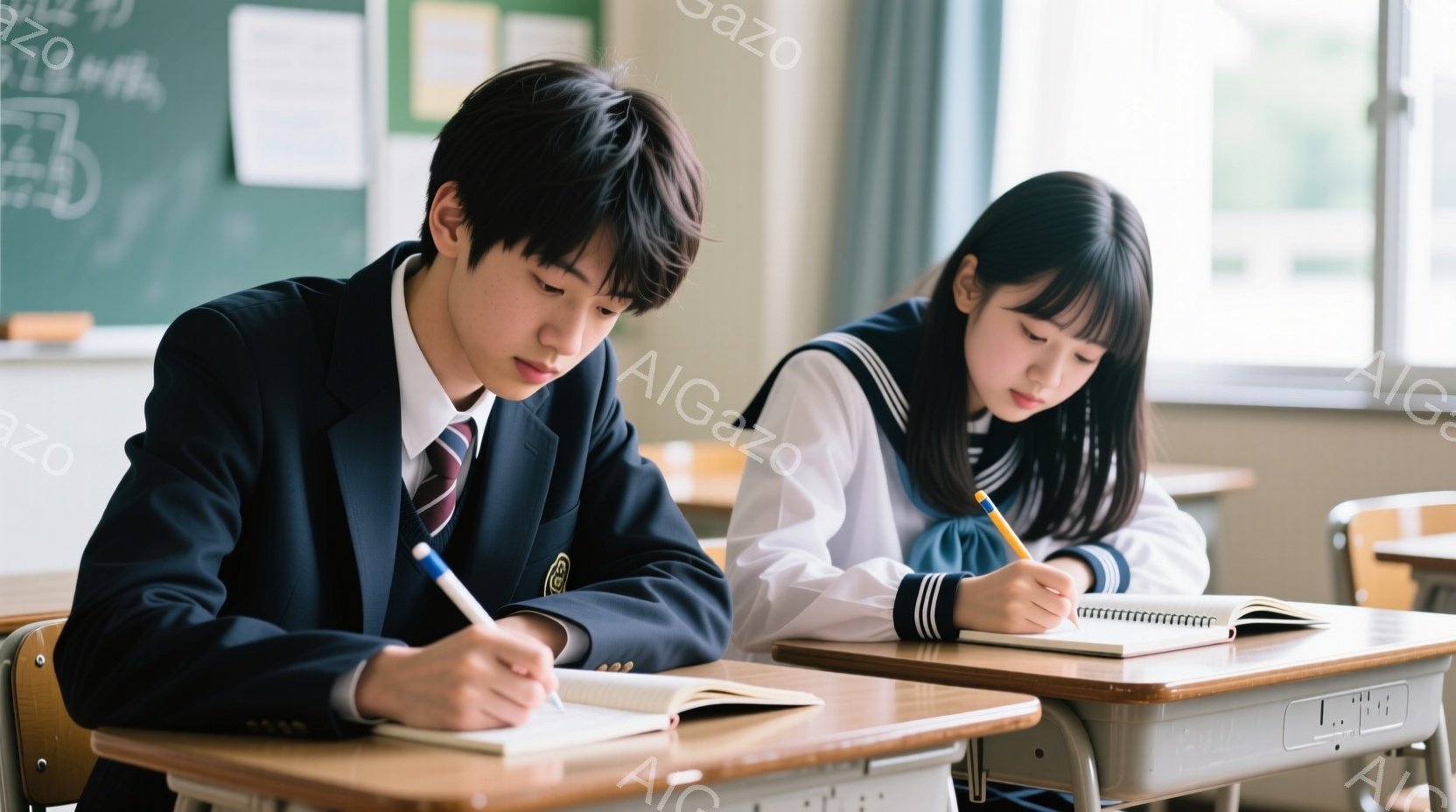 制服を着た男子生徒と女子生徒が教室で勉強している様子が写っている。男子生徒は濃い青色のブレザーに赤いネクタイ、女子生徒は白のブラウスに濃い青色のブレザー、赤いリボンをつけている。二人は机に前かがみになり、ノートに集中して何か書き込んでいる様子で、真剣な表情をしている。