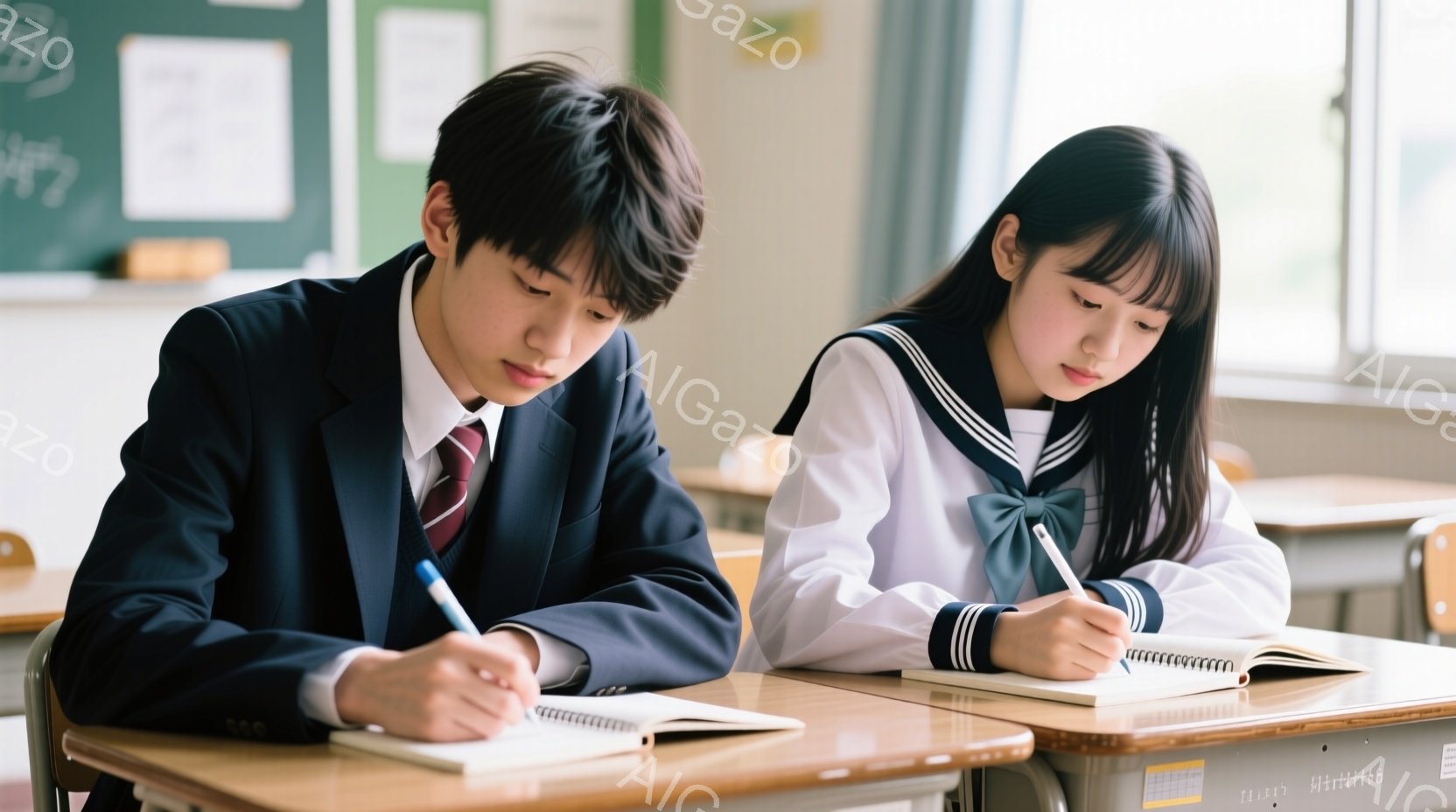 制服を着た男子生徒と女子生徒が教室でノートに書き込んでいる様子が写っている。男子生徒は黒髪で、紺色のブレザーとネクタイを着用し、真剣な表情でペンを握っている。女子生徒は黒髪のロングヘアで、セーラー服を着用し、少しうつむき加減で集中して書き込んでいる。