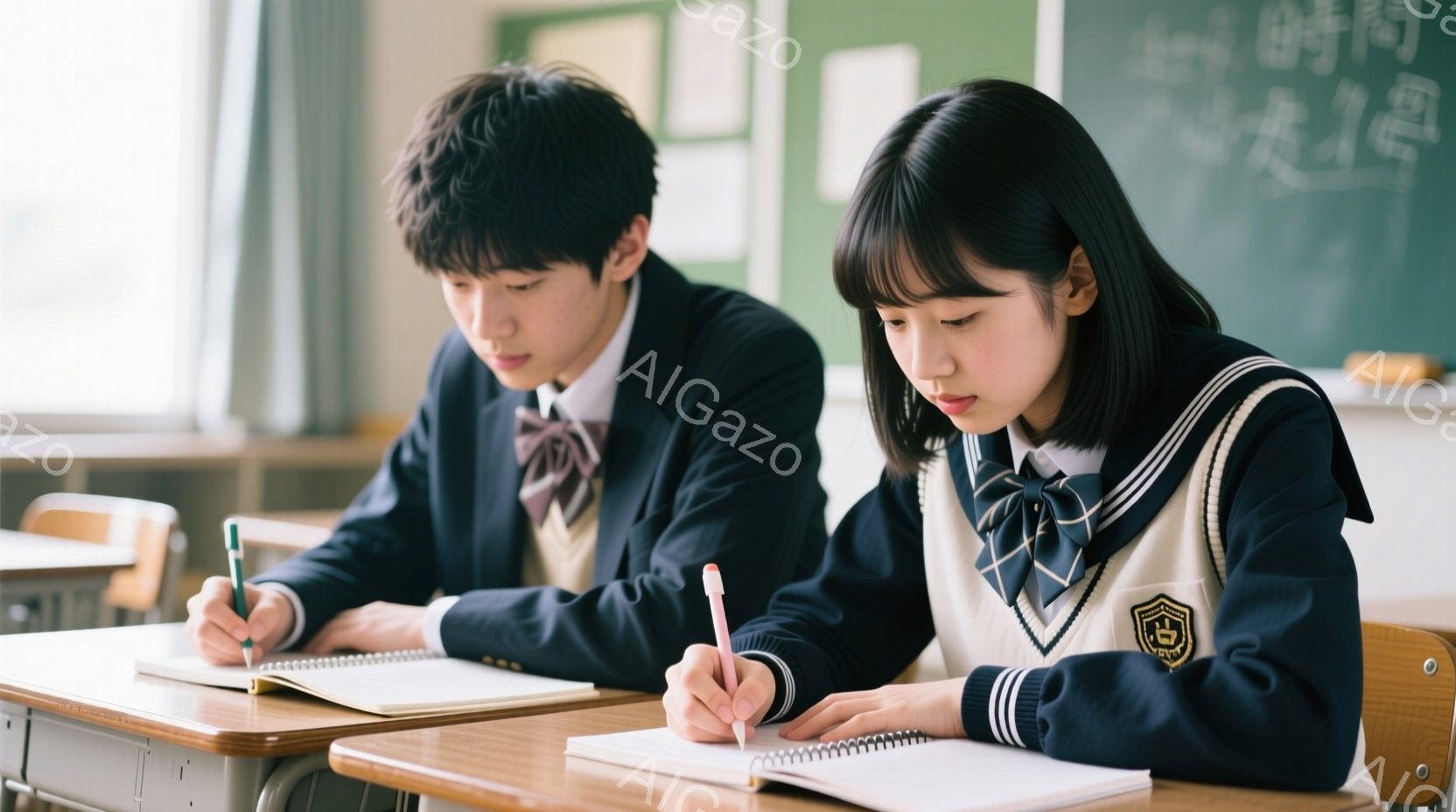 制服を着た男子生徒と女子生徒が教室で勉強している様子が写っている。男子生徒は黒髪で、青いペンを持ってノートに何か書いている。女子生徒は前髪を揃えた黒髪で、赤いペンを持って集中して課題に取り組んでいる。 - AI生成フリー素材