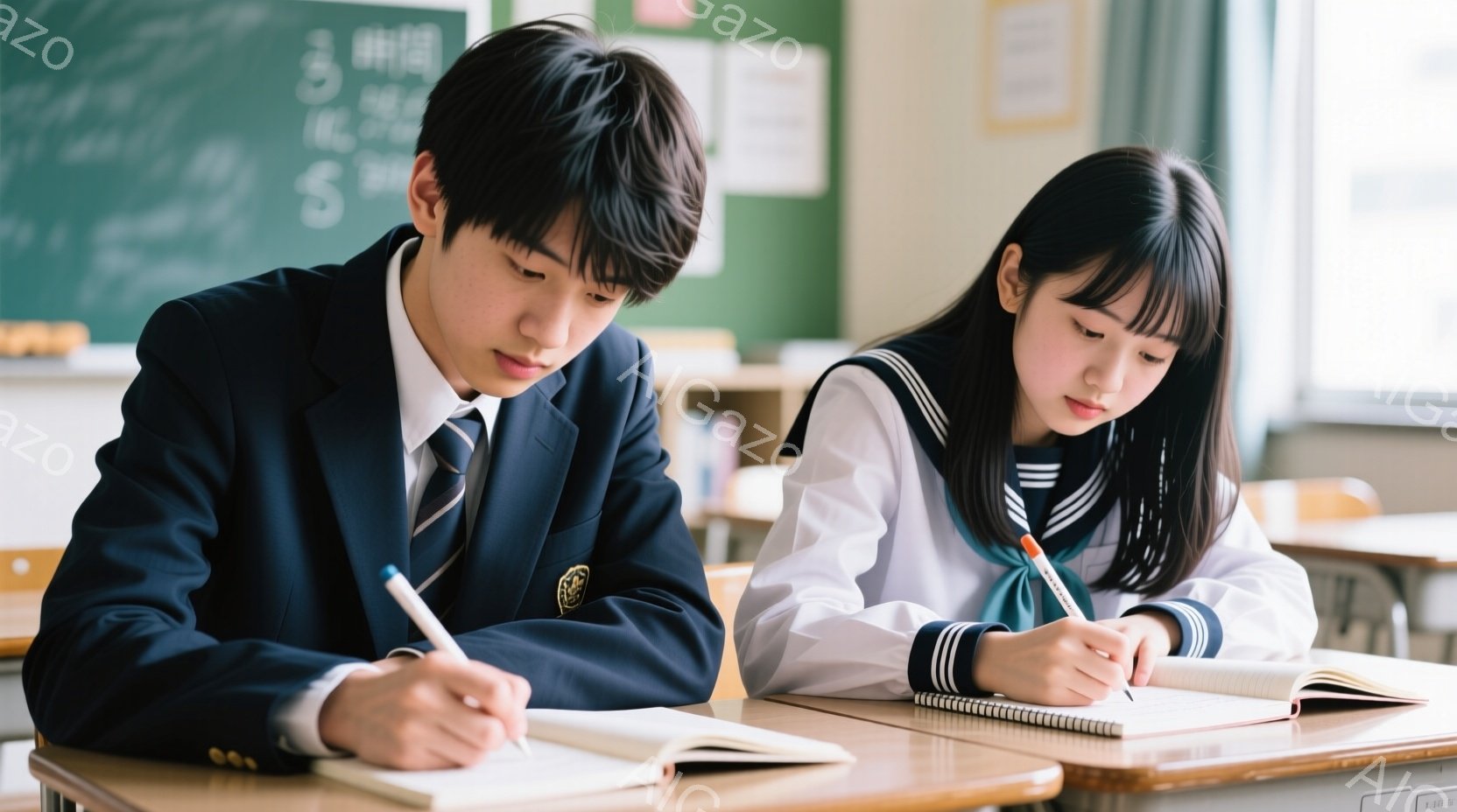 制服を着た男子生徒と女子生徒が教室で勉強している様子が写っている。男子生徒は濃い青色のブレザーにネクタイ、女子生徒はセーラー服を着ており、ともに真剣な表情でノートにペンで書き込んでいる。背景には黒板が - AI生成フリー素材