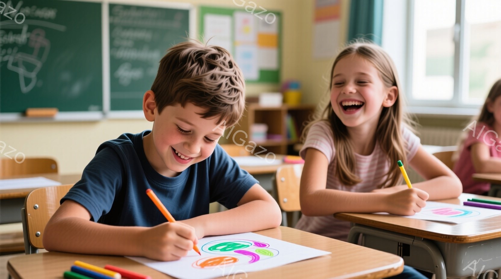 少年と少女が教室で着色を楽しんでいます。少年は濃い青色のTシャツを着ており、茶色の髪を短く切っています。彼は笑顔で、オレンジ色のクレヨンを使ってカラフルな円を描いています。少女は明るい色の服を着ており - AI生成フリー素材