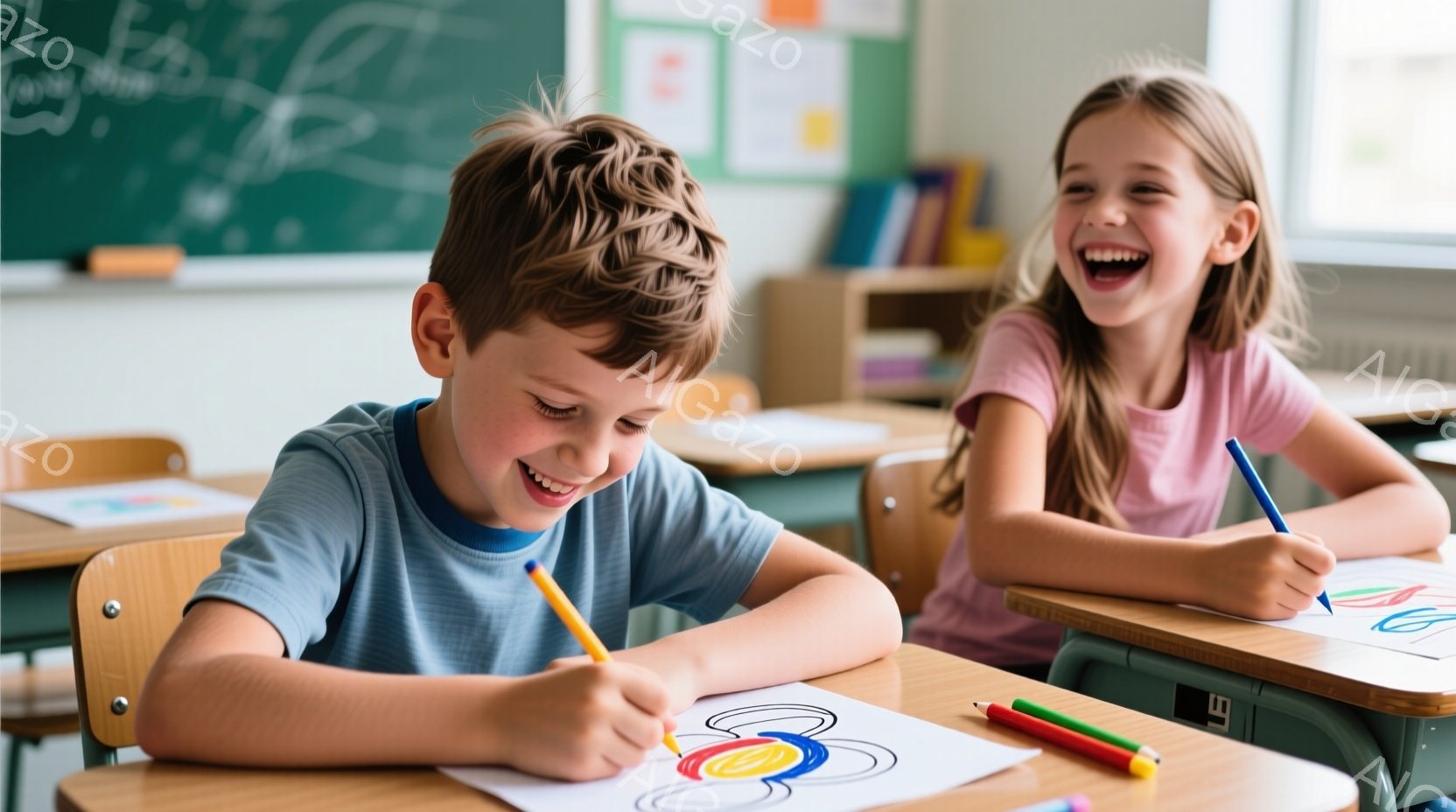 教室で二人の子供が描画に集中している様子が写っている。少年は青いTシャツを着ており、茶色の髪を短く切り揃え、満面の笑みを浮かべながら色鉛筆で絵を描いている。少女はピンクのTシャツを着ており、長く金色の - AI生成フリー素材
