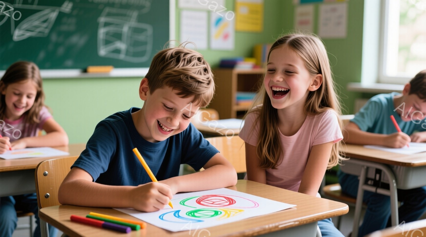 教室で男の子が机に向かって色鉛筆で絵を描いており、楽しそうに笑っています。隣には女の子が寄り添い、満面の笑みを浮かべており、教室の奥には他の生徒たちが描画活動に取り組んでいます。明るい緑色の壁と木製の机が暖かく、子供たちがリラックスして創造的な活動を楽しんでいる様子が伝わってきます。