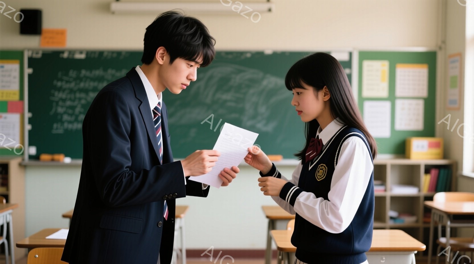 制服を着た男子生徒と女子生徒が教室で向き合っている。男子生徒はネクタイを締め、紙を見つめながら何かを説明しているようであり、女子生徒は手を差し出し、注意深くそれを受け取ろうとしている。教室の黒板には何 - AI生成フリー素材