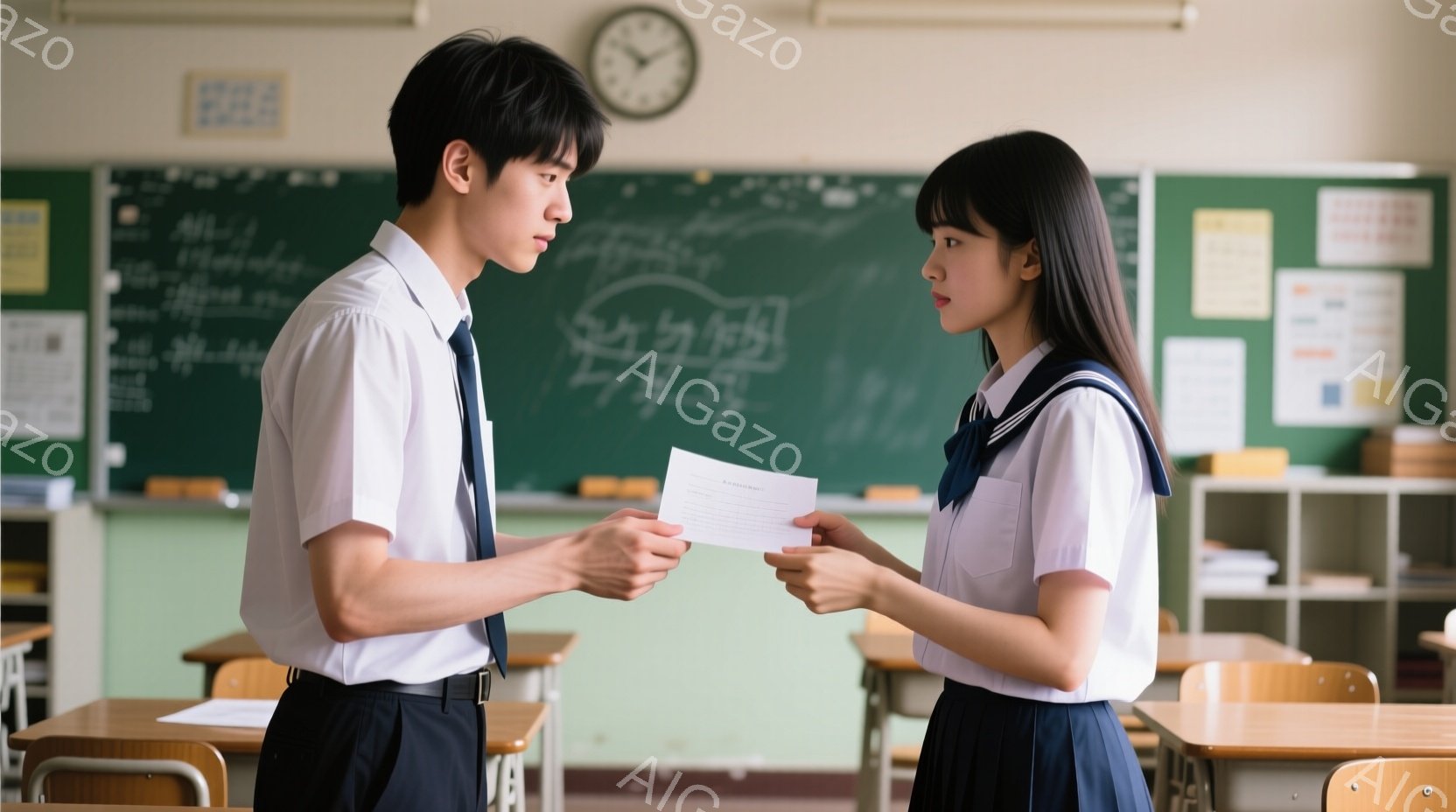 制服を着た男子生徒と女子生徒が教室で向き合って立っている。男子生徒は白いシャツに黒いズボン、女子生徒は白いブラウスに紺色のスカートで、それぞれ手には紙を持っている。教室には机と椅子が並び、黒板には何やら文字が書かれており、全体的に学校の日常を表す穏やかな雰囲気である。