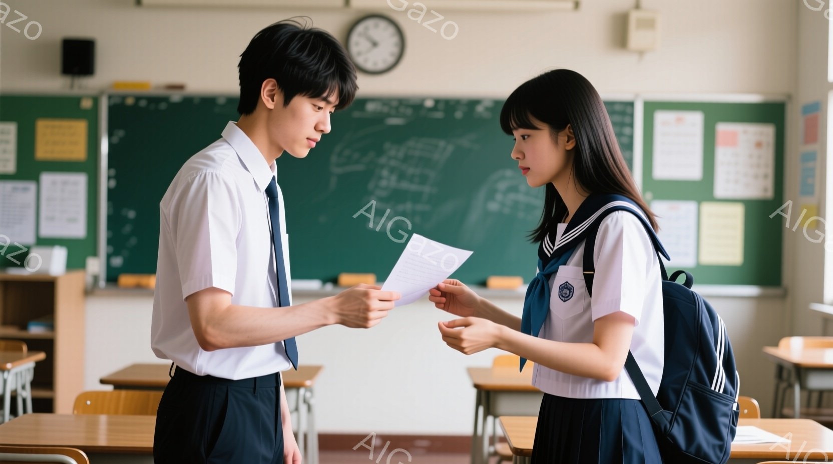 教室で、男子生徒と女子生徒が向き合って何かを交換している様子が描かれています。男子生徒は白いシャツに紺色のズボン、女子生徒はセーラー服を着ており、どちらも真剣な表情で紙を見つめています。背景には机や椅子が並び、壁には時計と掲示物が貼られており、学校の日常的な雰囲気が漂っています。