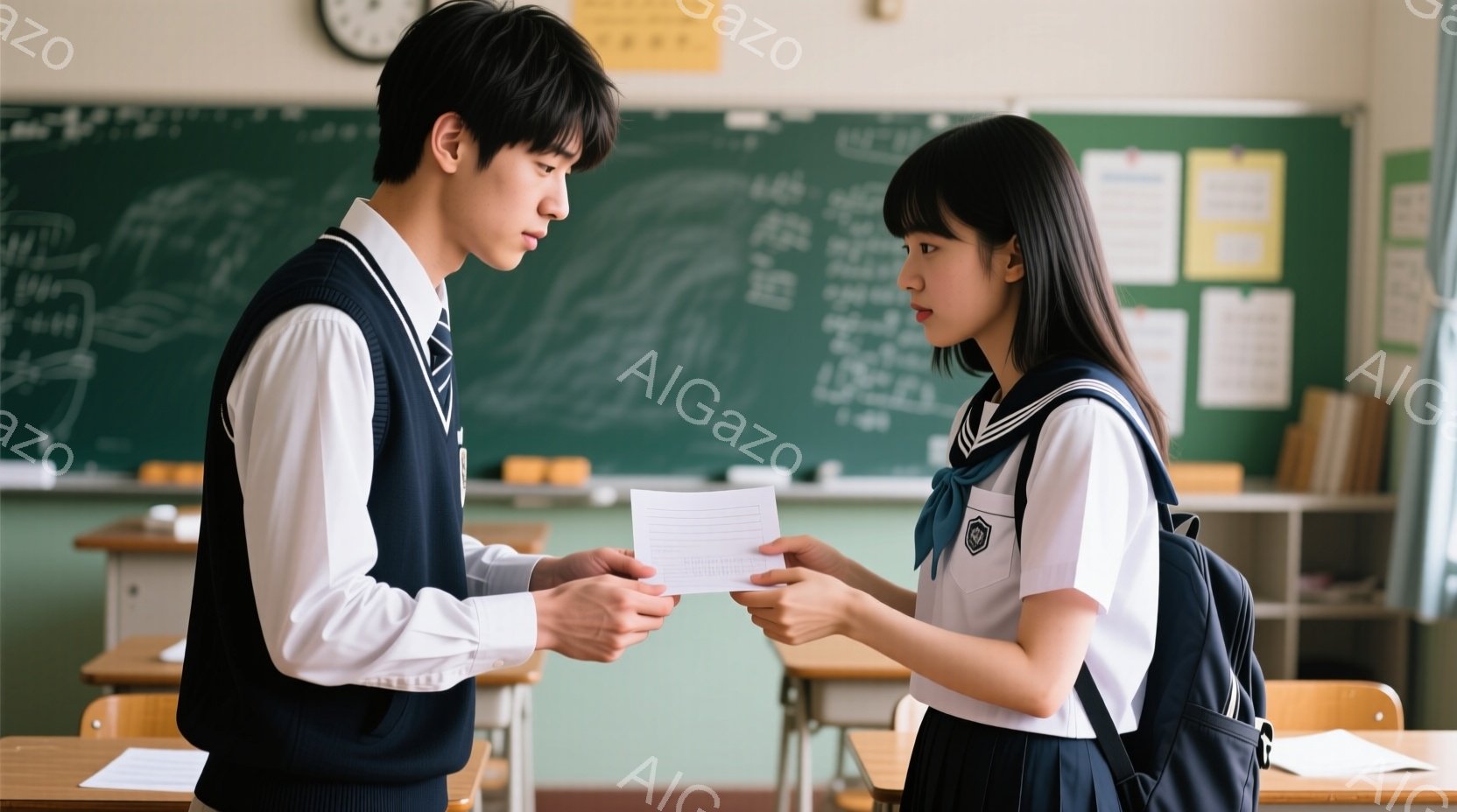 制服を着た男子生徒と女子生徒が教室で向き合っている。男子生徒は紺色のベストを着ており、女子生徒は白いブラウスと紺色のセーラー服を着ている。二人は何か紙を交換しているようで、少し緊張した、真剣な表情をしている。