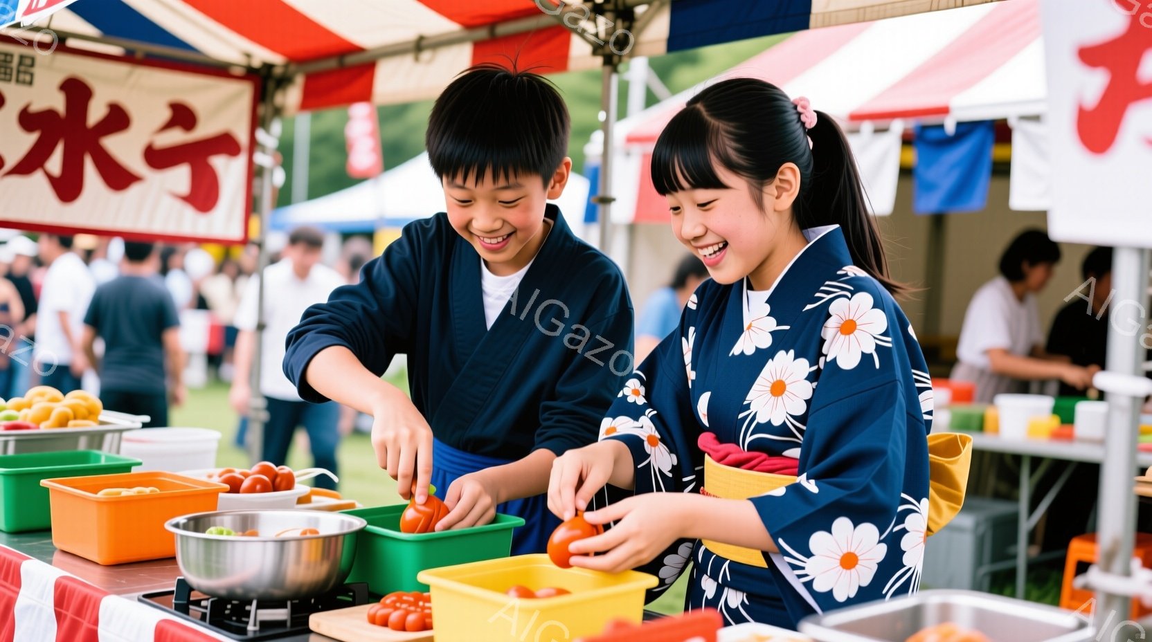 二人の子供が、屋台でトマトを分類する様子が写っている。男の子は濃い青色の浴衣を着ており、女の子は白い大きな花柄の浴衣を着ている。背景には、他の屋台や人々が見え、お祭りの賑やかな雰囲気が伝わってくる。 - AI生成フリー素材