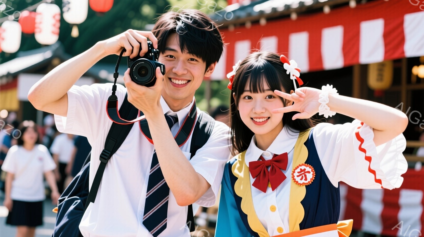 制服を着た若い男女が、明るい笑顔でカメラに向かってポーズをとっています。男の子はカメラを持っており、女の子は両手を挙げてウィンクしています。背景には、赤い提灯が並ぶ神社のような建物があり、晴天で多くの人が訪れている様子が伺えます。