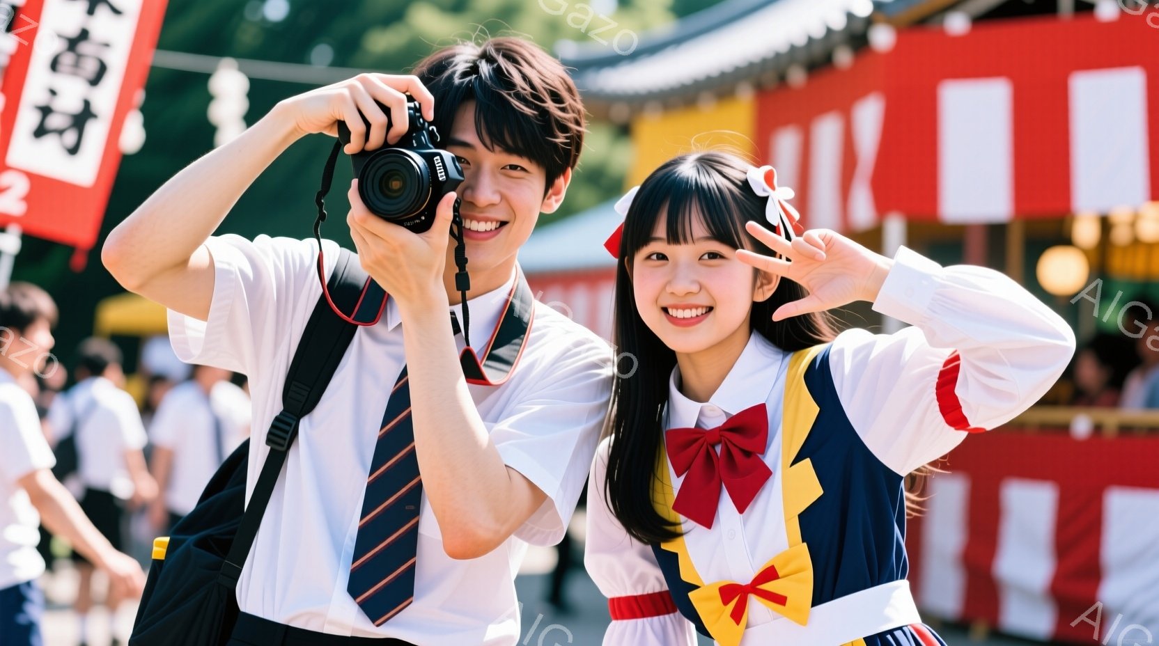 制服を着た若い男女が、赤い鳥居の前でカメラを向けて微笑んでいます。男性は黒いカメラを手に、女性は両手でハートマークを作っています。背景には他の参拝者や木々が見え、晴れた日の明るい雰囲気です。