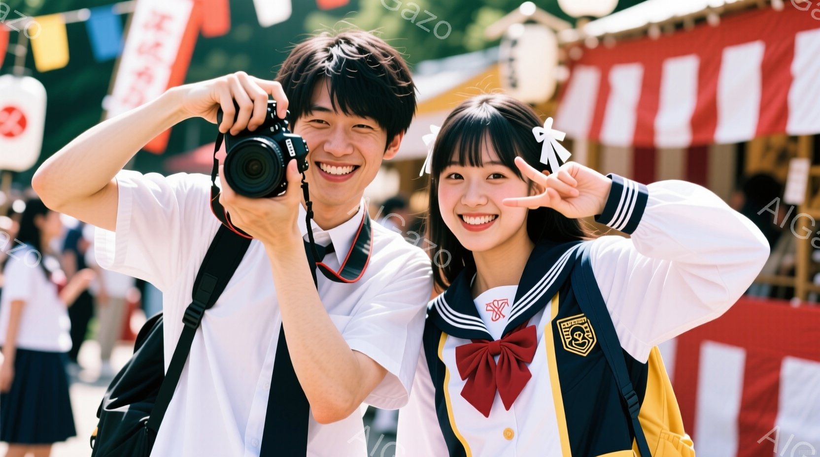 制服を着た若い男女が笑顔でカメラに向かってポーズをとっています。男の子はカメラを持っており、女の子は両手で「Vサイン」をしています。背景には提灯や屋台が見え、お祭りやイベント会場のような賑やかな雰囲気 - AI生成フリー素材