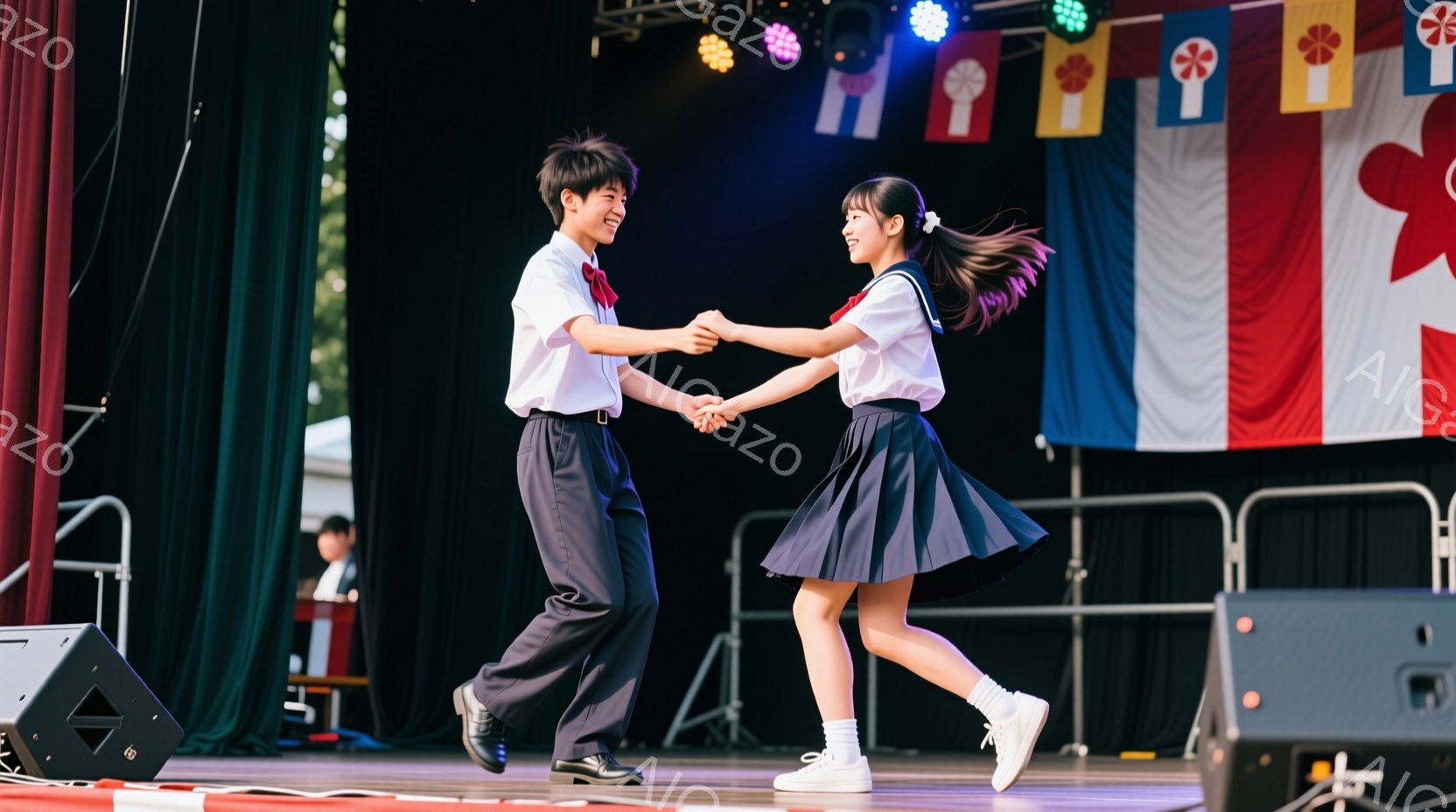 制服を着た少年と少女がステージ上で踊っています。少年は白いシャツに濃い青のズボン、赤いネクタイを着用し、少女は白いシャツに濃い青のプリーツスカート、赤いリボンを着用しています。背景には、赤、白、青の旗 - AI生成フリー素材