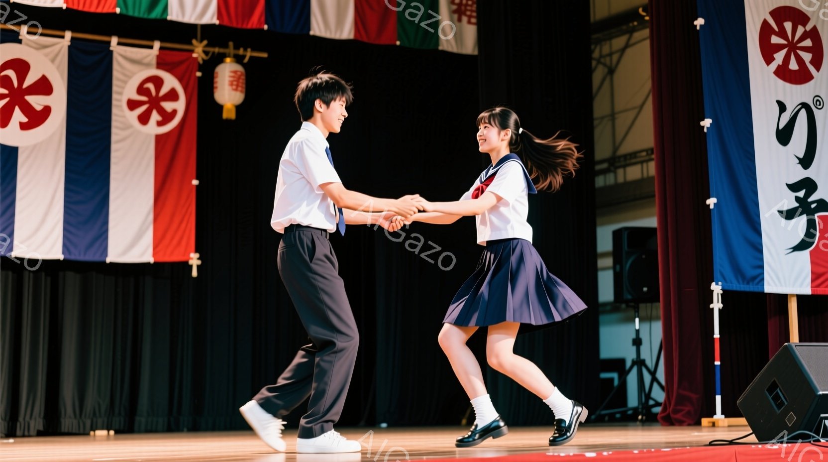 制服を着た少年と少女がステージ上でダンスを踊っています。少年は白いシャツに黒いズボン、少女はセーラー服を着ており、互いに手を繋いで少し体を傾けています。背景には色とりどりの旗が飾られており、ステージ全 - AI生成フリー素材