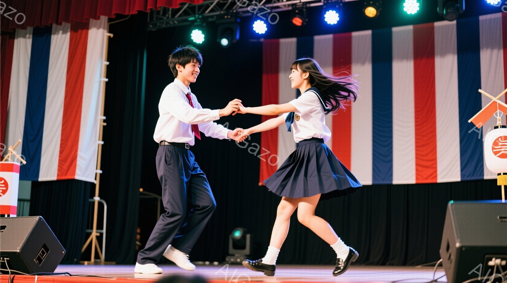 制服を着た少年と少女がステージ上で踊っている。少年は白いシャツに濃い青のズボン、少女は白いブラウスに青のプリーツスカート、白いソックスと黒い靴を履いている。背景には赤と白のストライプの垂れ幕があり、スピーカーや照明が設置されており、活気のあるイベントの様子が伺える。