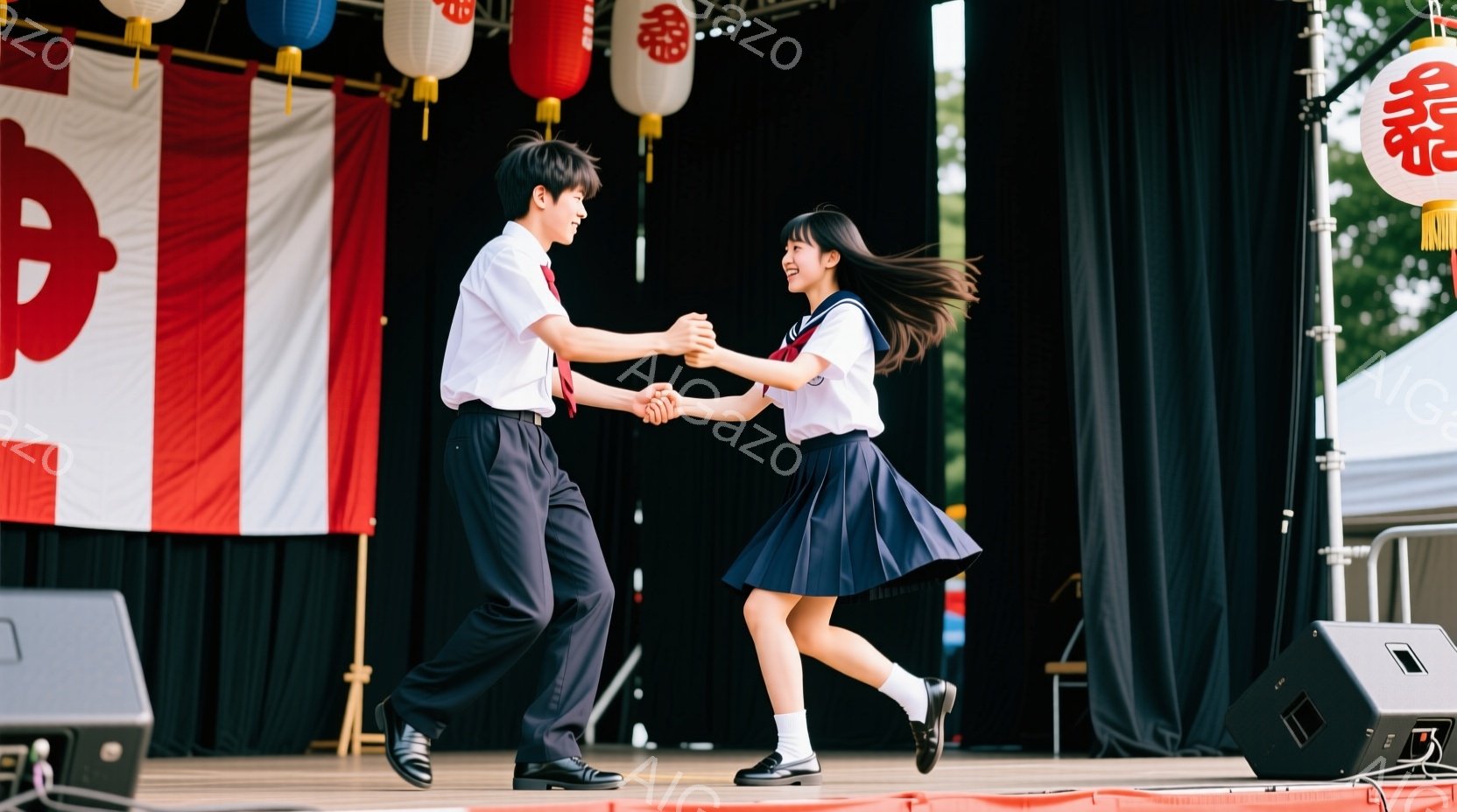 制服を着た男女の学生がステージ上で楽しそうにダンスを踊っています。男性は黒い髪で、白いシャツにネクタイ、紺色のズボンを着用し、女性は同じ制服にスカートを合わせ、髪をポニーテールにしています。背景には赤い提灯が飾られたステージがあり、スピーカーや機材が見え、活気のあるイベントの様子が伺えます。