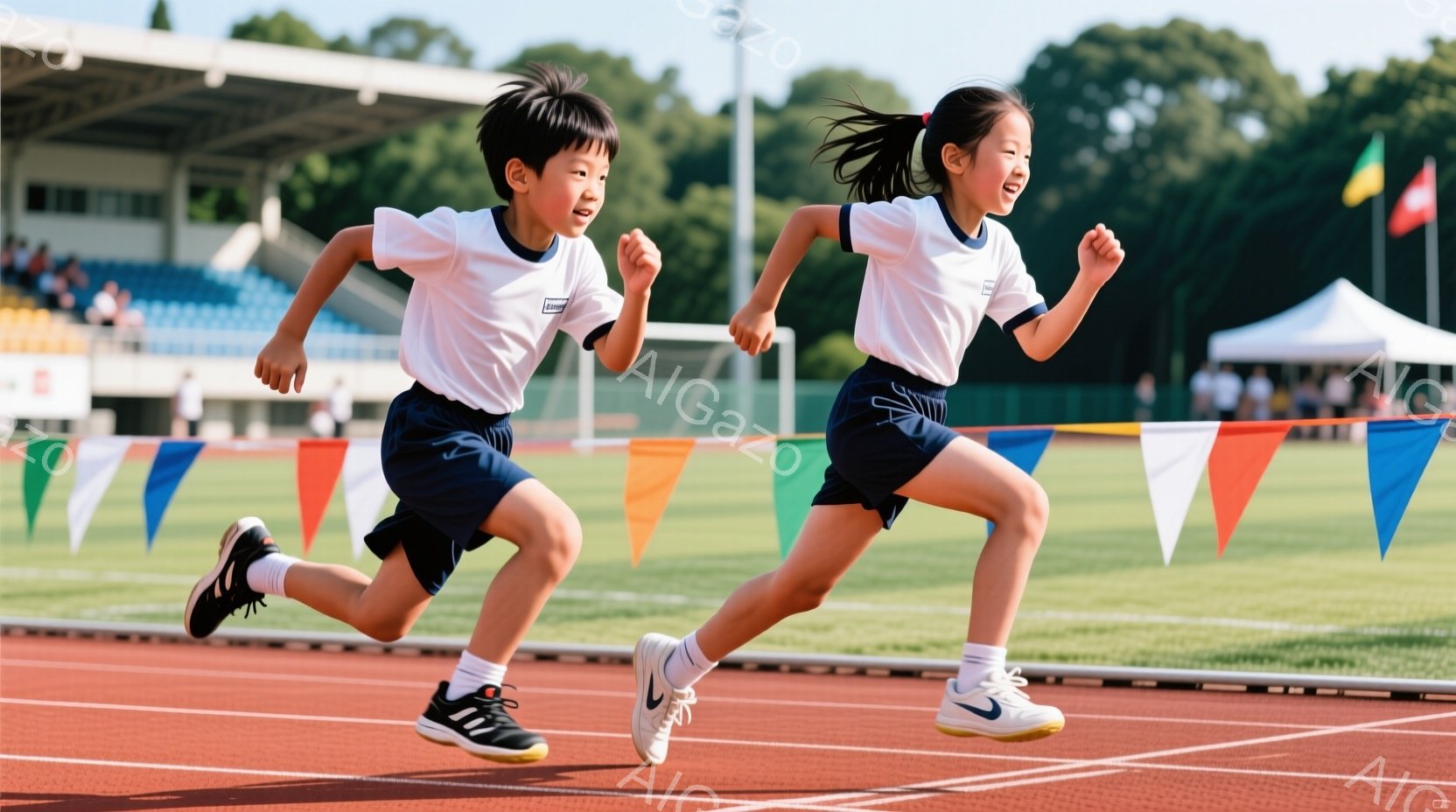 二人の子供がトラックを走っている様子が写っている。白いシャツに紺色の短パン姿で、少年は短髪、少女はポニーテールにしている。背景には緑の芝生、観客席、そして青空が広がり、運動会のような明るく活気のある雰 - AI生成フリー素材