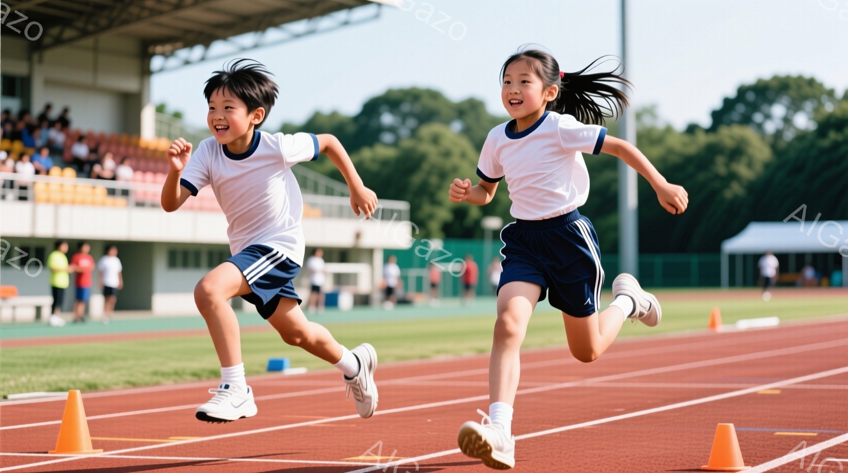 二人の子供がトラックで走っている様子が写っている。白いTシャツと紺色の短パン、白い靴下とスニーカーを履き、顔には笑顔が浮かんでいる。背景には観客席、緑豊かな木々、そして晴れた青空が見え、活気のある競技 - AI生成フリー素材