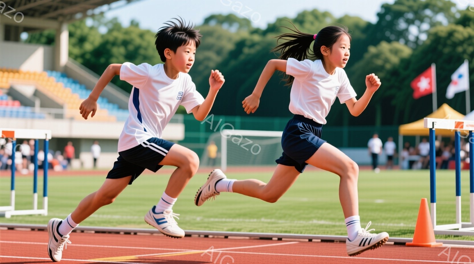 二人の子供が、赤いトラックを疾走している様子が写っている。白いポロシャツと紺色の短パン、白いソックスとスニーカーを着用し、男の子は短髪、女の子はポニーテールにしている。背景には観客席や緑豊かな木々が見え、晴天の下、活気あふれる競技会の雰囲気を感じさせる。