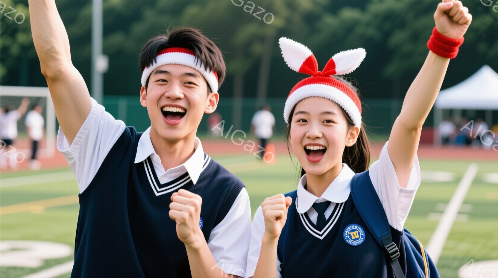 紺色のベストと白いシャツを着た若い男女が、競技場で両手を上げて歓喜しています。女性は頭に白いヘッドバンドをつけており、男性は腕に青いリストバンドをつけています。背景には緑のフィールドと、ぼやけた建物や人々が見え、晴れた日の屋外イベントの活気ある雰囲気が伝わってきます。