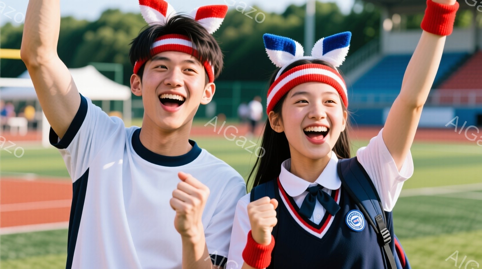 競技場のトラックを背景に、若い男女が腕を高く上げ、満面の笑みを浮かべている。男性は白いTシャツに赤いリストバンド、女性は制服に赤いリボンとリストバンドを着用し、頭には星型の飾りを付けている。背景には緑の芝生と観客席が見え、晴れた日の活気に満ちた雰囲気が伝わってくる。