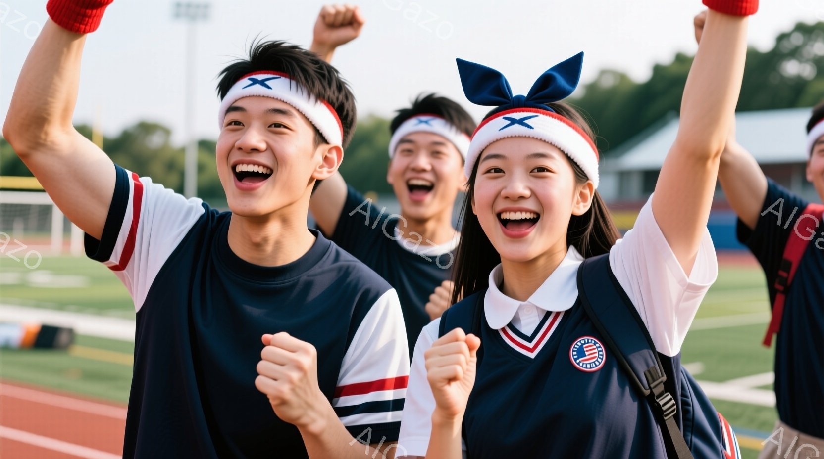 紺色のトリムと白いストライプが入ったネイビーブルーのポロシャツを着た若い男女が、ランニングトラックの前に立って、両手を高く上げて歓声を上げている。彼らは皆、額に白いヘッドバンドをしており、明るい笑顔を浮かべている。背景には緑の芝生とトラック、そして遠くに見える建物があり、晴れた日の活気に満ちた雰囲気を醸し出している。