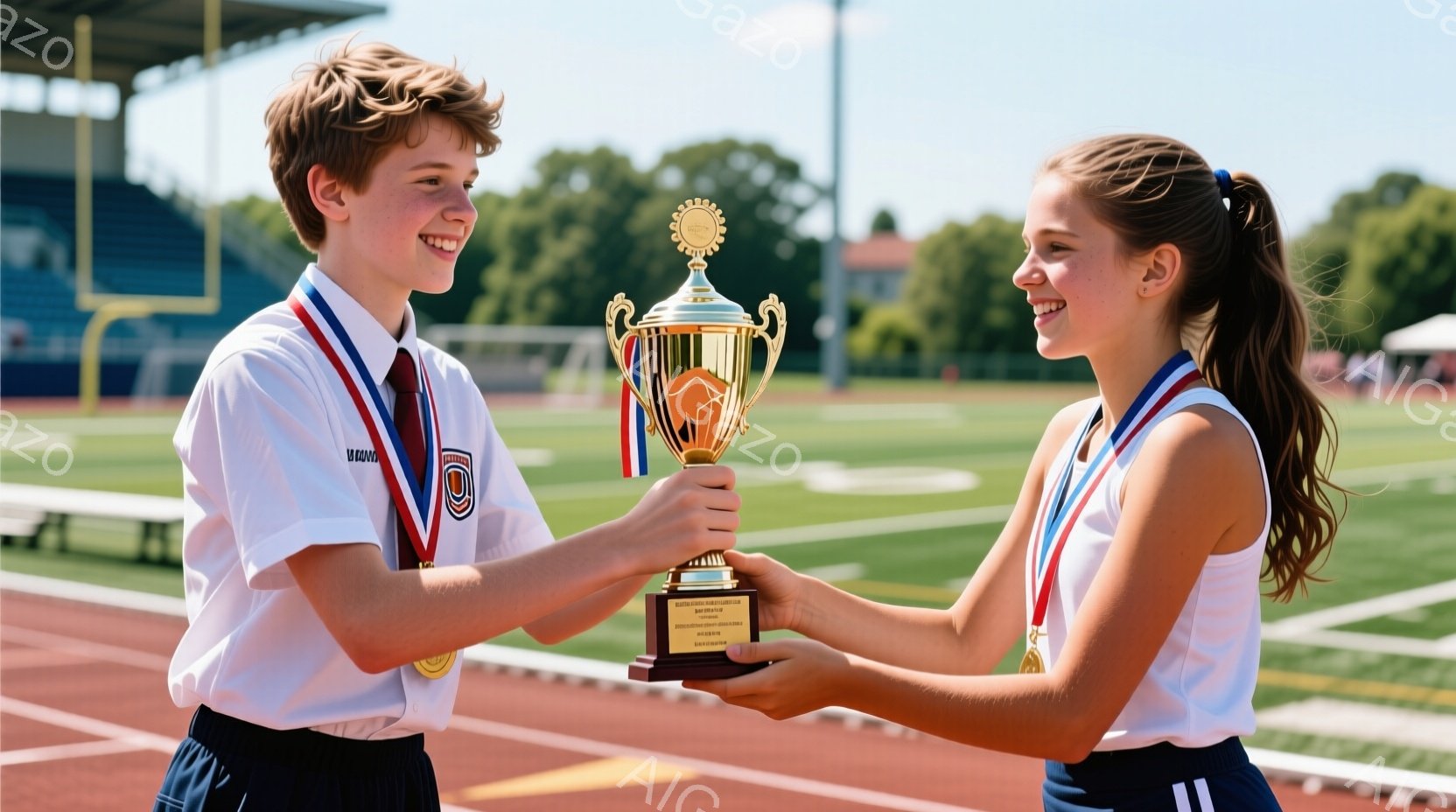 少年と少女は競技場で金色のトロフィーを掲げ、互いに微笑み合っています。少年は白いポロシャツに紺色のズボン、首にはメダルをかけており、少女は白いTシャツに紺色の短パンを着て、ポニーテールにしています。背 - AI生成フリー素材